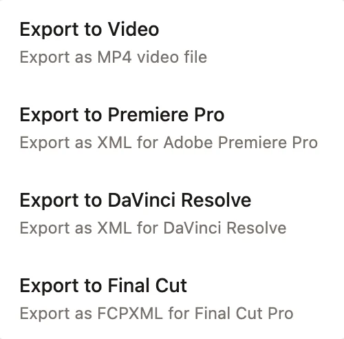 Daydream export menu with options to export to Video, Premiere Pro, DaVinci Resolve, or Final Cut