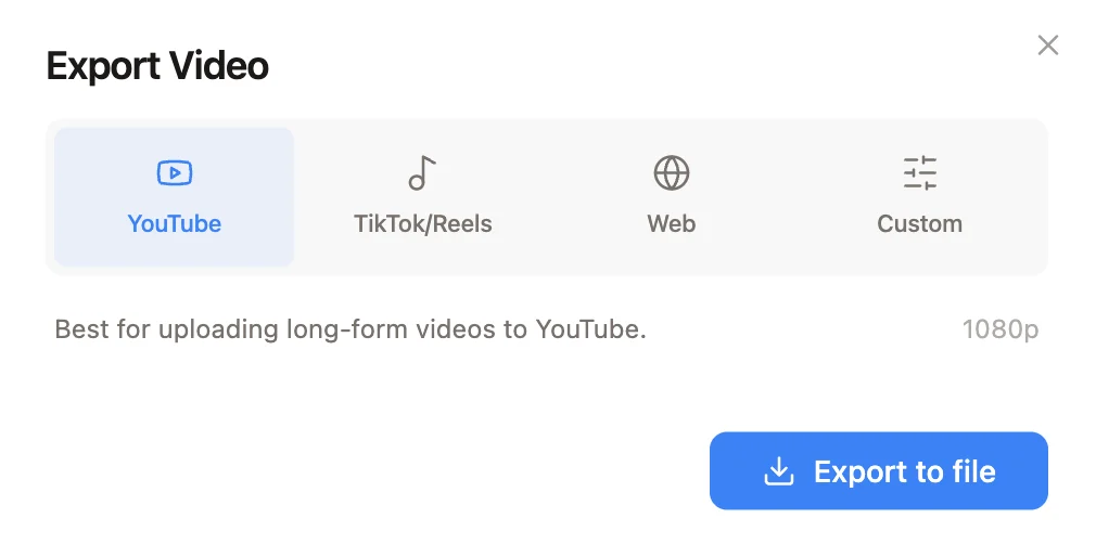 Daydream Export Video dialog with YouTube, TikTok/Reels, Web, and Custom presets