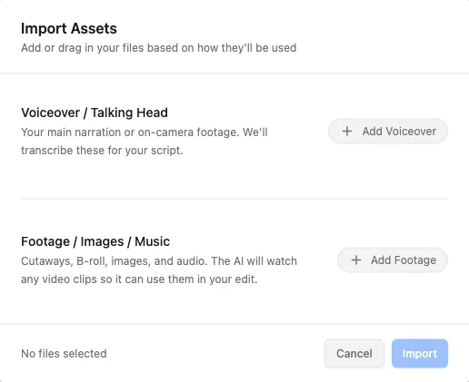 Daydream Import Assets dialog with Voiceover / Talking Head and Footage / Images / Music categories