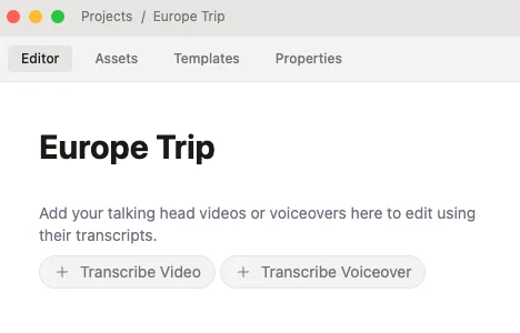 Daydream Editor tab with Transcribe Video and Transcribe Voiceover buttons