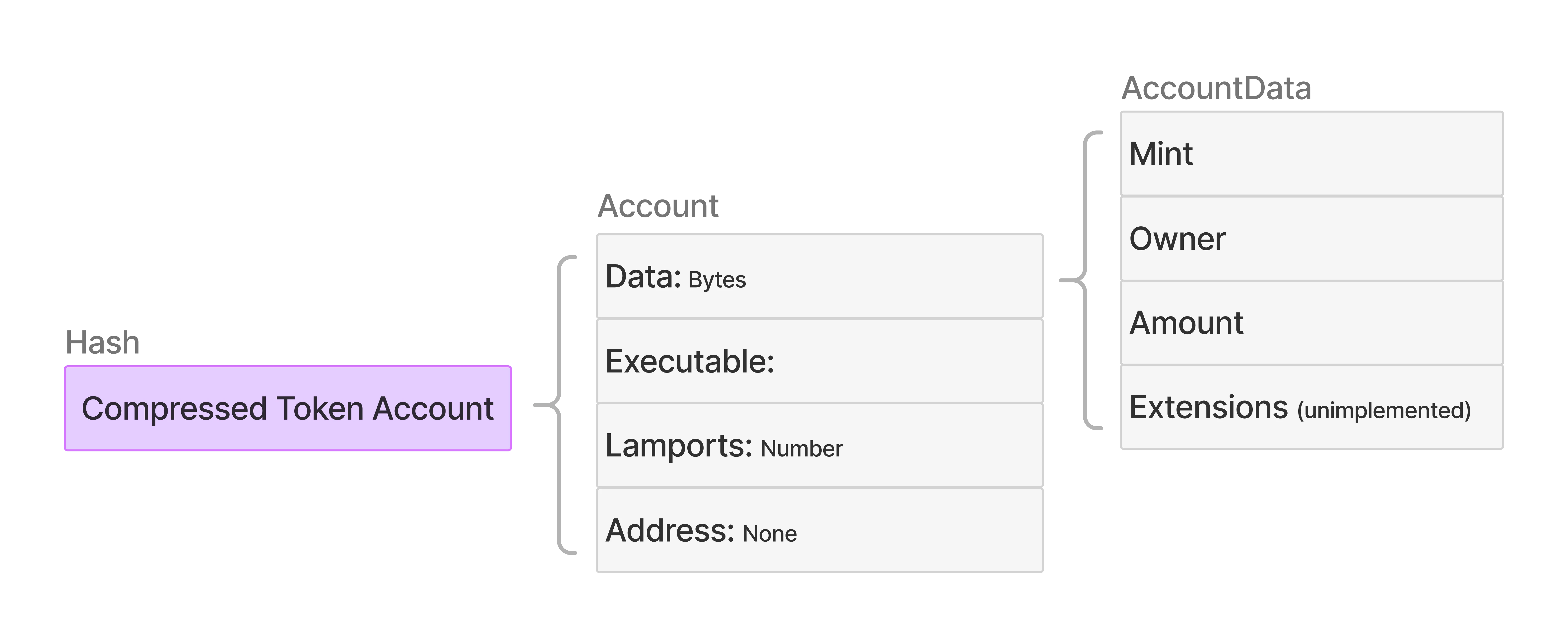 Diagram showing compressed token account structure with three components: Hash (identifier for compressed token account in purple box), Account (struct containing Data bytes, Executable flag, Lamports balance, and Address set to None), and AccountData (containing Mint, Owner, Amount, and Extensions fields marked as unimplemented)