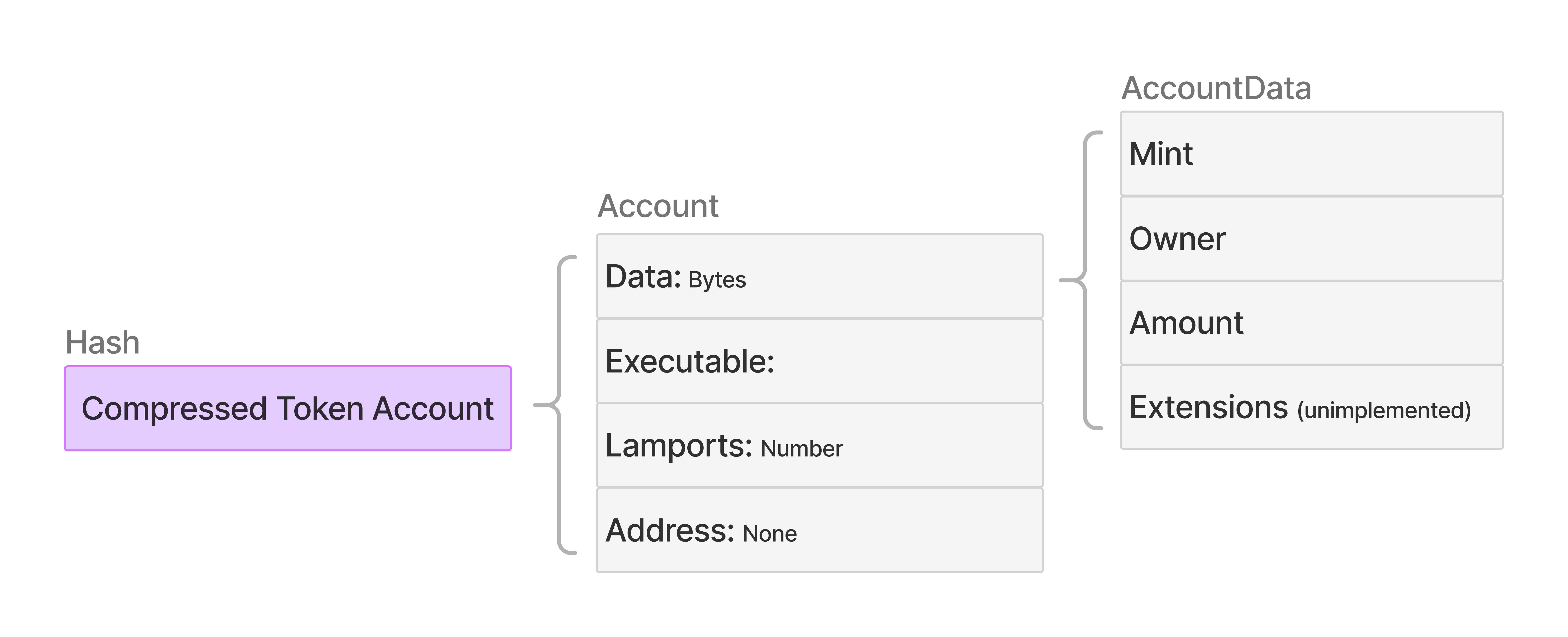 Diagram showing compressed token account structure with three components: Hash (identifier for compressed token account in purple box), Account (struct containing Data bytes, Executable flag, Lamports balance, and Address set to None), and AccountData (containing Mint, Owner, Amount, and Extensions fields marked as unimplemented)