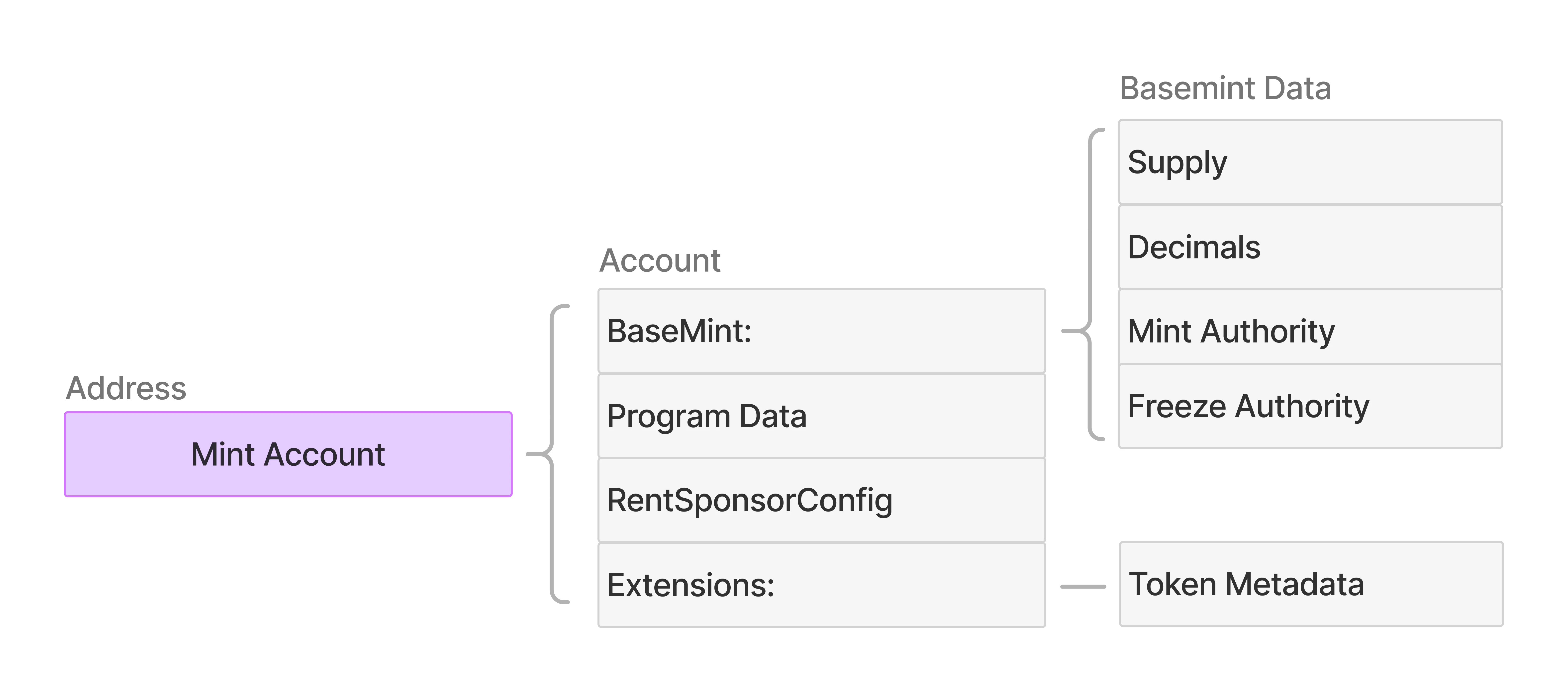 Diagram showing light-mint account structure with three components: Address (identifier for light-mint in purple box), Account (struct containing BaseMint with SPL-compatible fields, MintMetadata for program state, and optional Extensions for Token Metadata), and BaseMint (containing Supply, Decimals, Mint Authority, and Freeze Authority fields) with Token Metadata extension