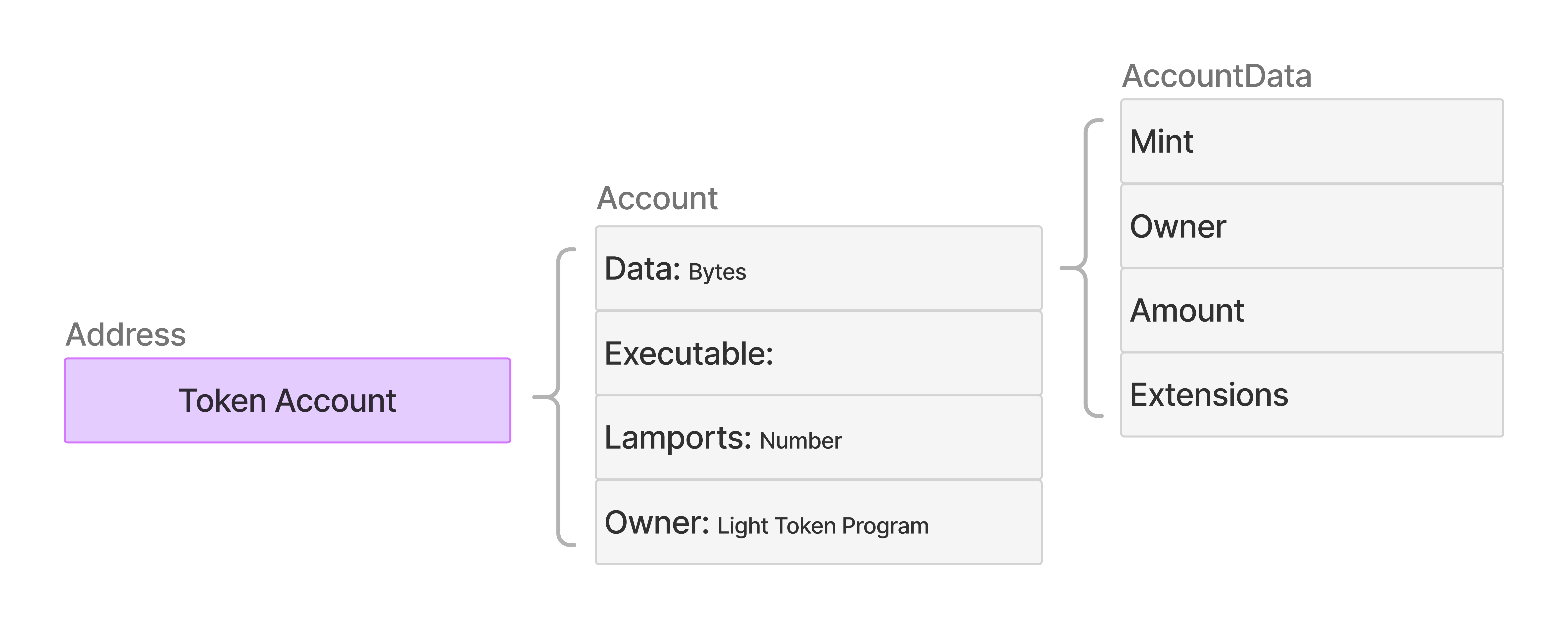 Diagram showing light-token Solana account structure with three components: Address (identifier for light-token account in purple box), Account (struct containing Data bytes, Executable flag, Lamports balance, and Owner set to Light Token Program), and AccountData (containing Mint, Owner, Amount, and Extensions fields)