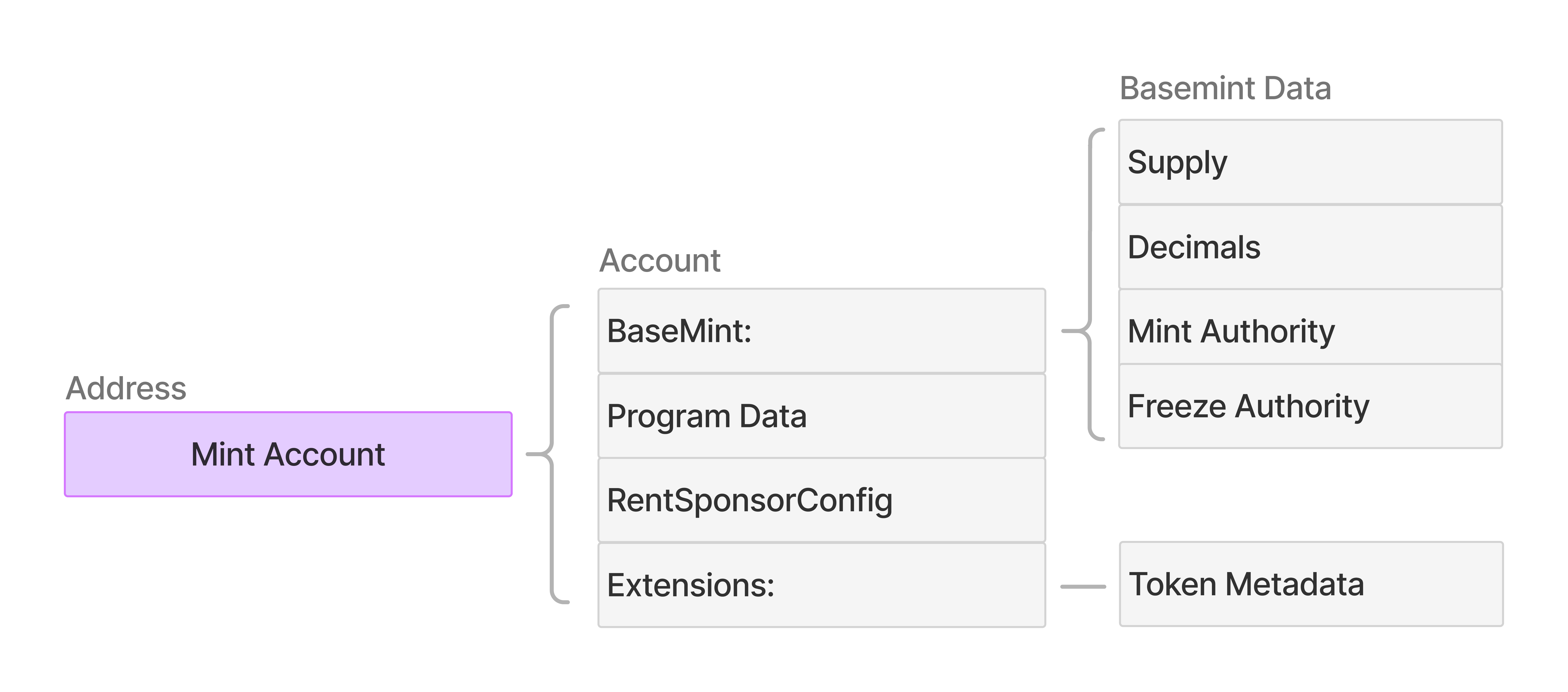 Diagram showing light-mint compressed account structure with three components: Hash (identifier for light-mint in purple box), Account (struct containing BaseMint with SPL-compatible fields, light-mint Data for program state, and optional Extensions for Token Metadata), and BasemintData (containing Supply, Decimals, Mint Authority, and Freeze Authority fields) with Token Metadata extension
