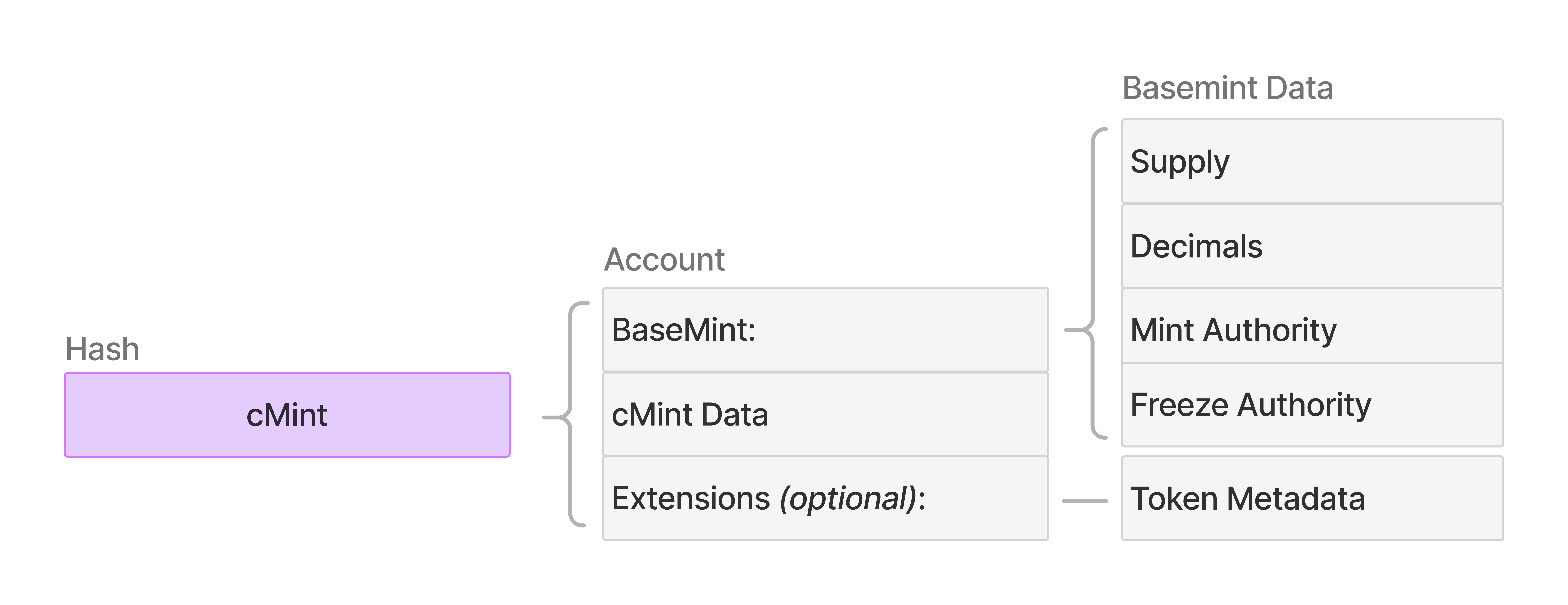Diagram showing light-mint compressed account structure with three components: Hash (identifier for light-mint in purple box), Account (struct containing BaseMint with SPL-compatible fields, light-mint Data for program state, and optional Extensions for Token Metadata), and BasemintData (containing Supply, Decimals, Mint Authority, and Freeze Authority fields) with Token Metadata extension