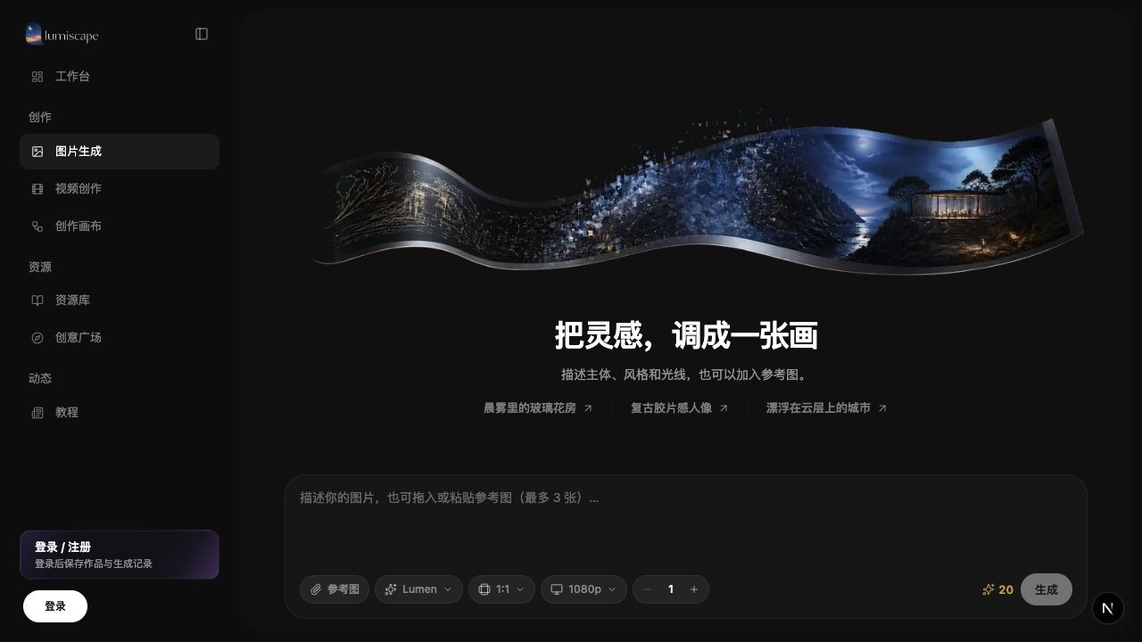 绘影浮生图片生成页面，包含参考图、画面比例、画质和生成数量设置