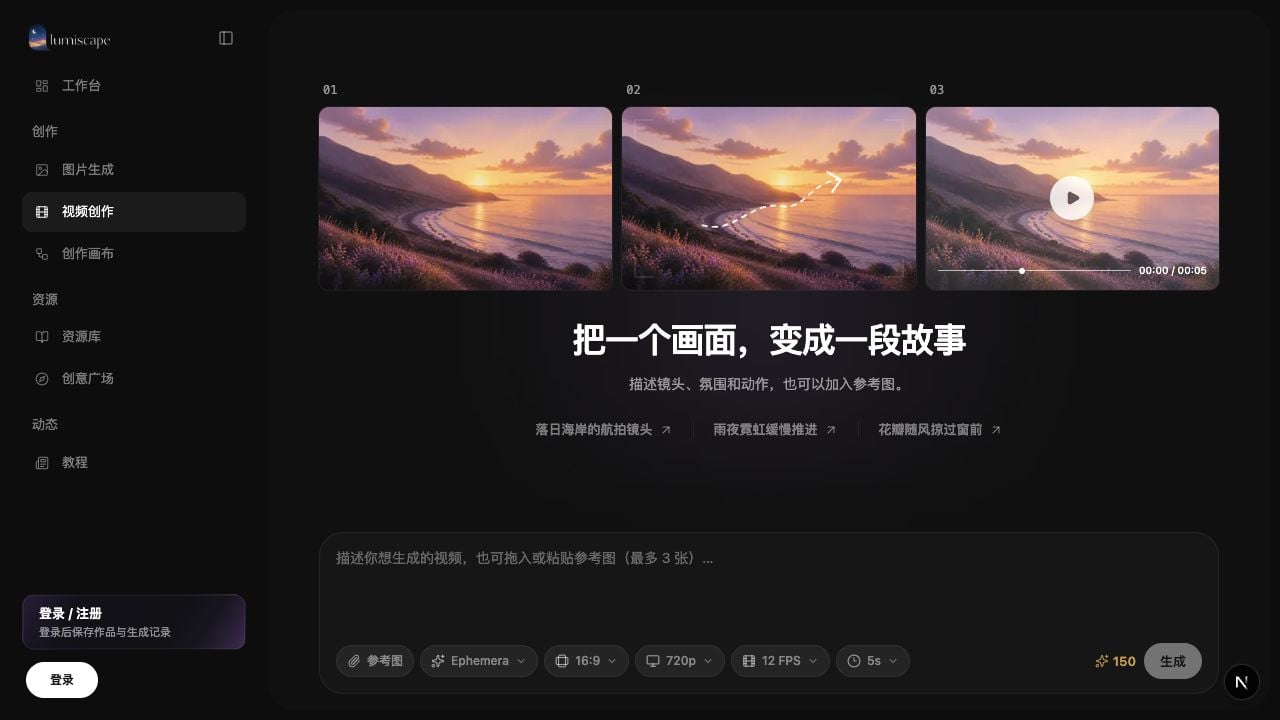 绘影浮生视频创作页面,展示从画面到运镜再到视频的过程和完整生成参数