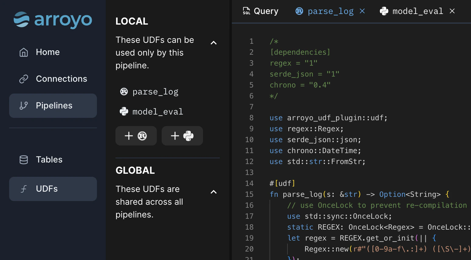 The UDF creation interface