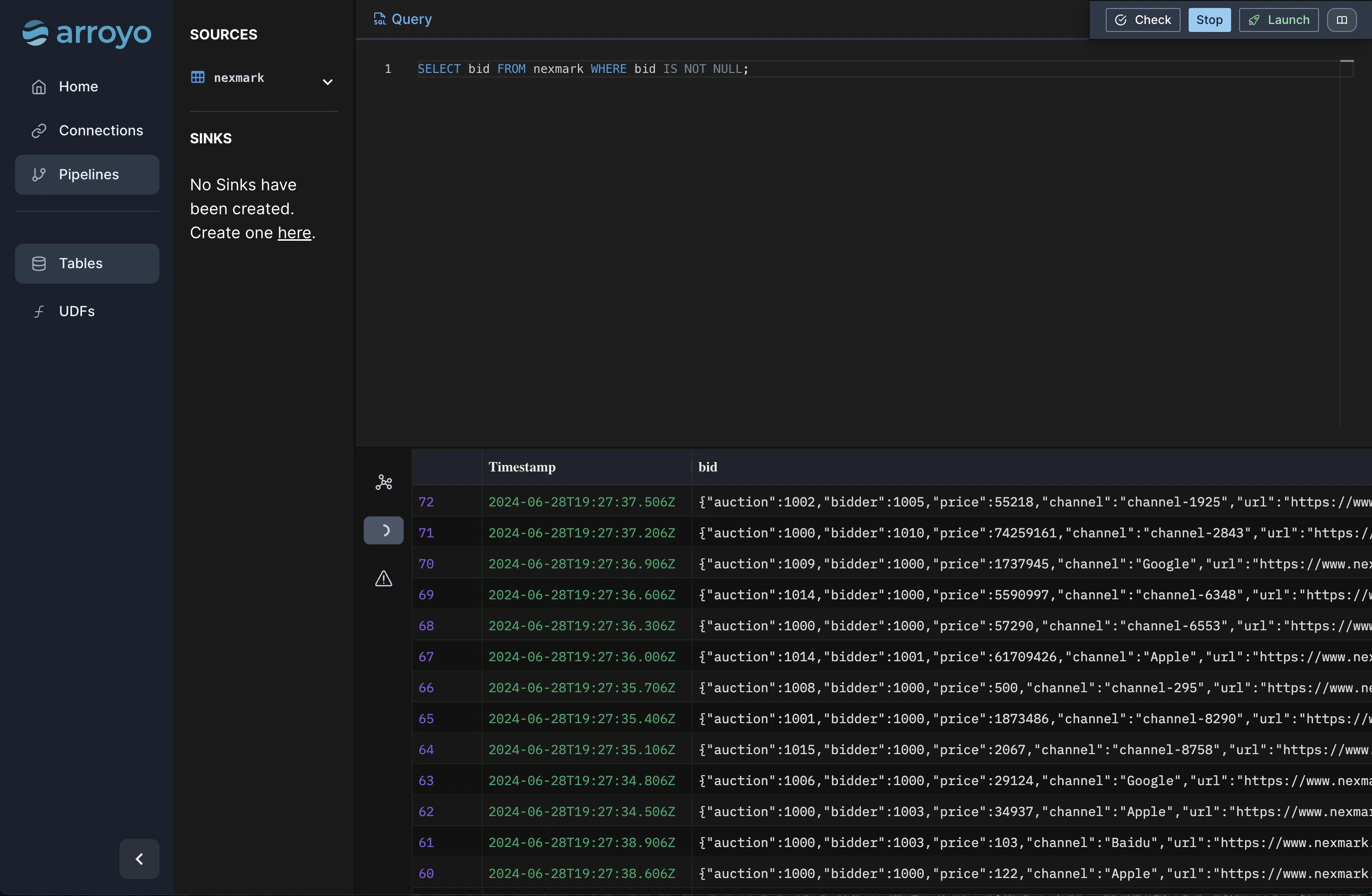 Screenshot showing the output of running the query