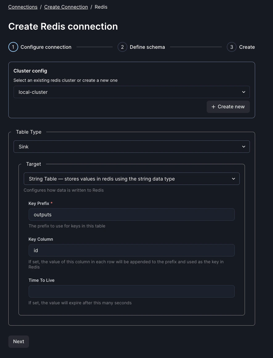 Redis sink creation in the Web UI
