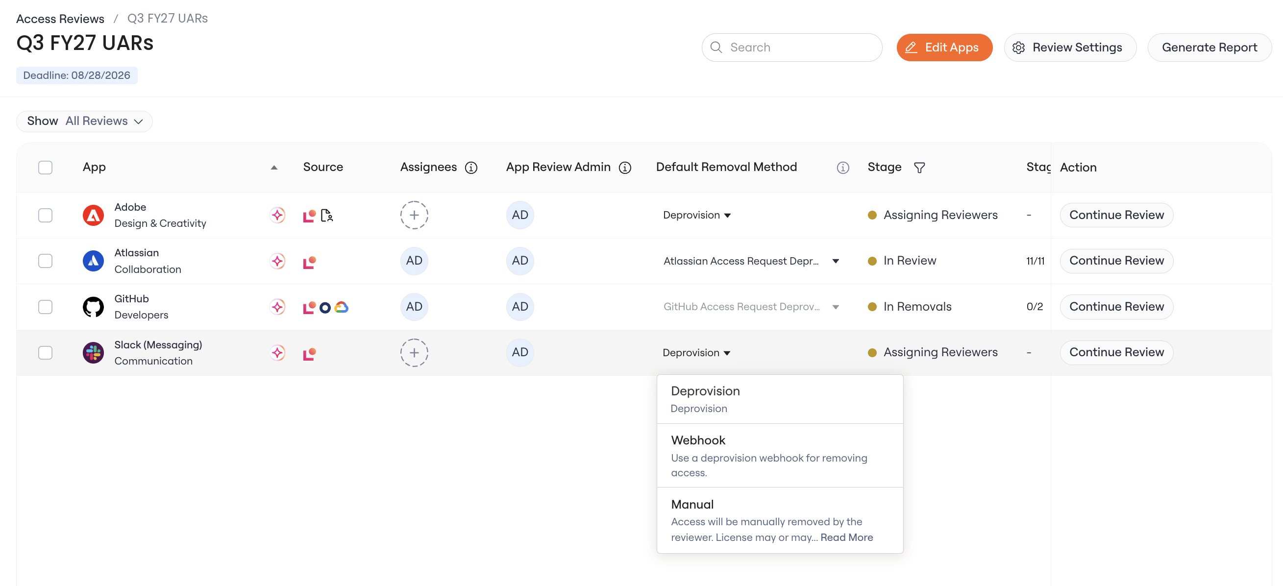 Permission removal method options