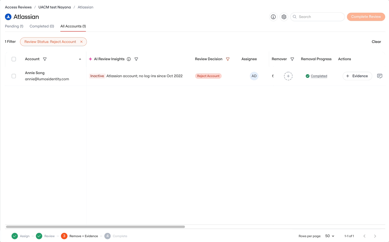 Workflow record showing each removal step