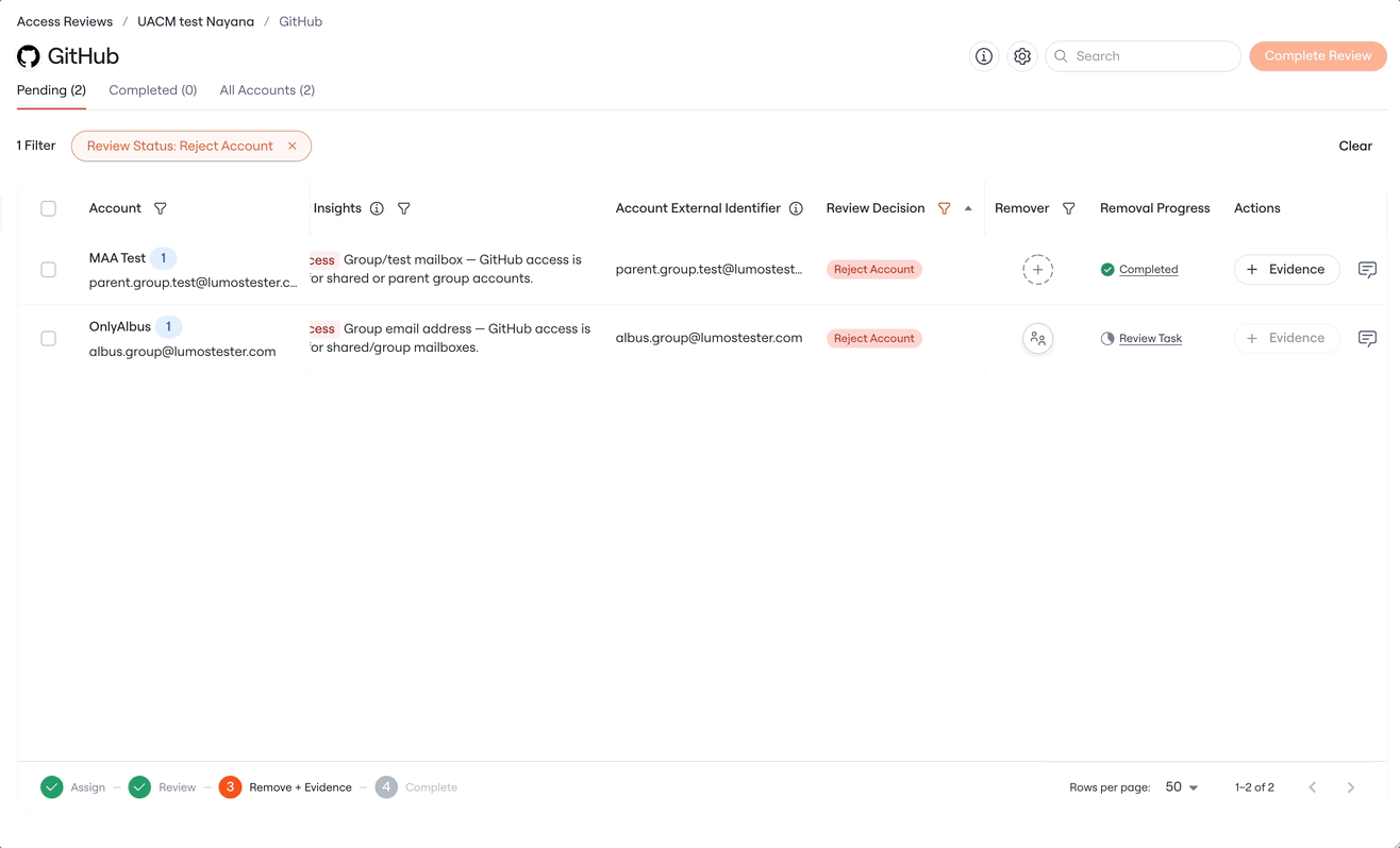 Evidence options on a removed account