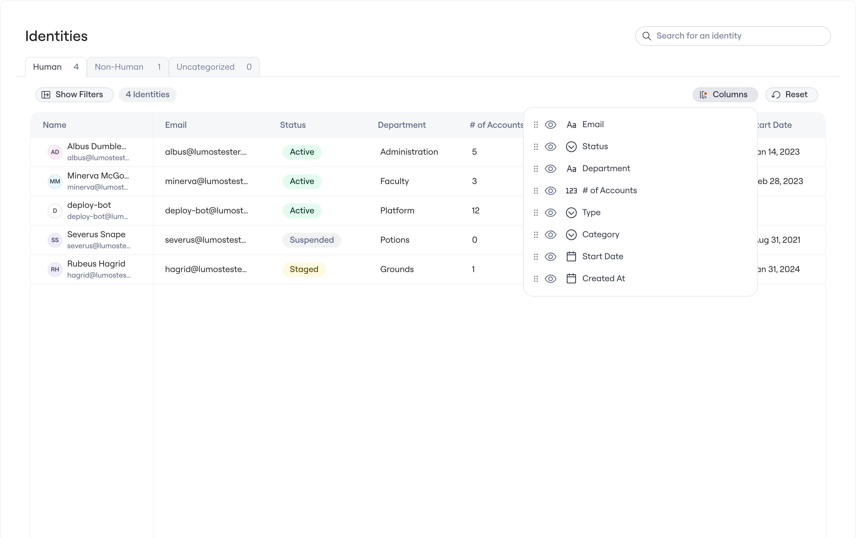 The column configuration menu, where you show, hide, and reorder columns.
