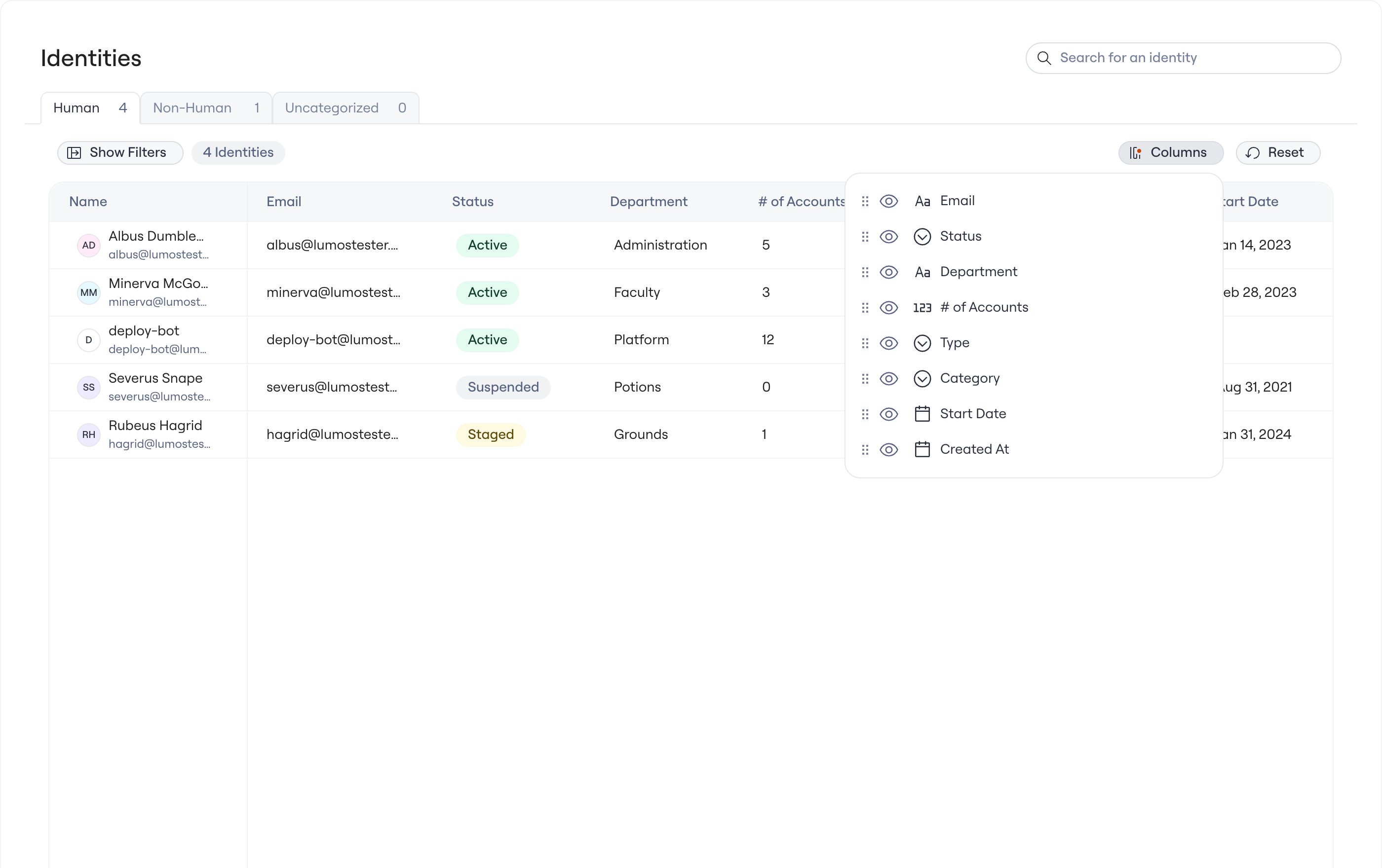 The column configuration menu, where you show, hide, and reorder columns.