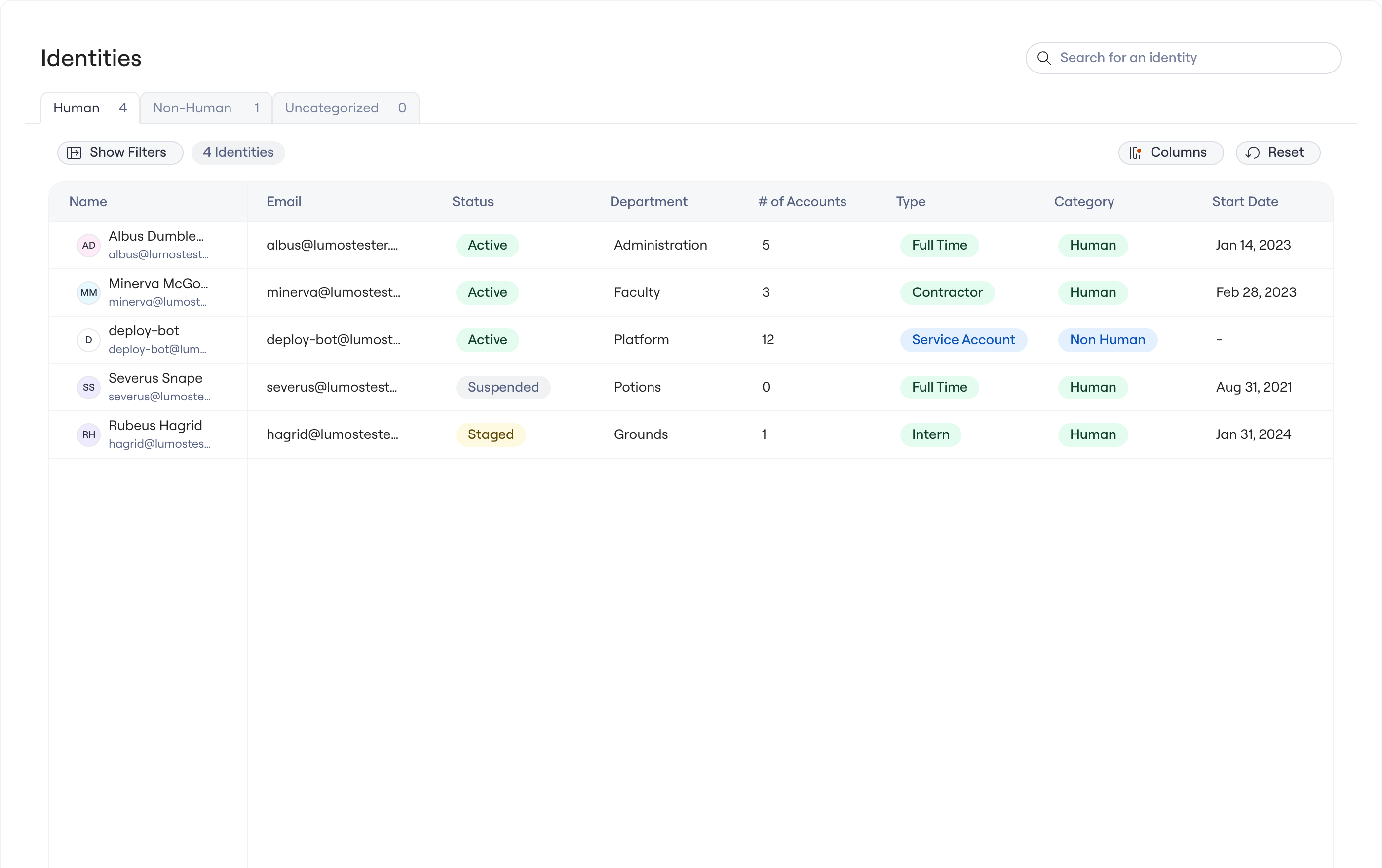 The Identities table, with filter, column, and sort controls and the synced Department column.