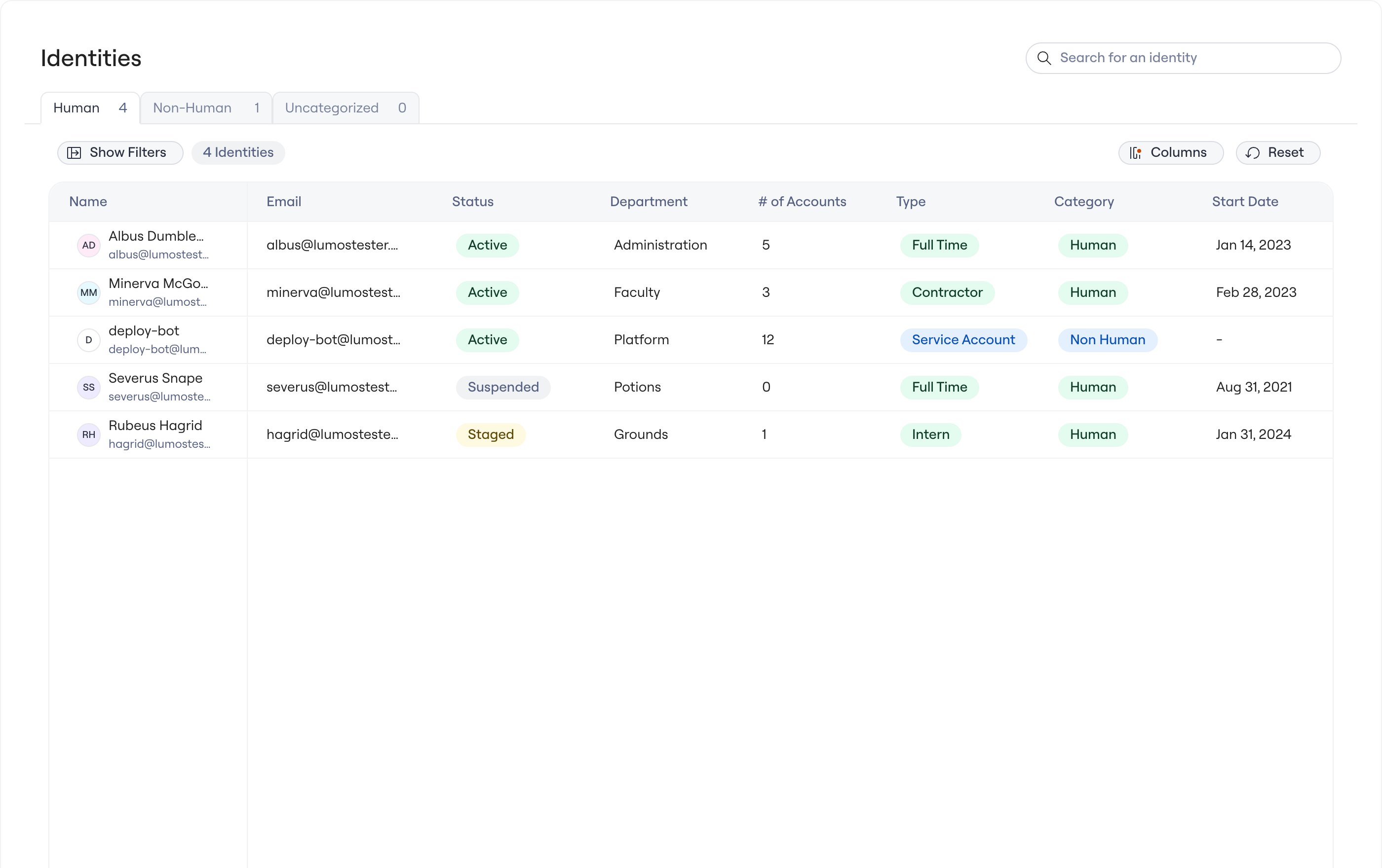 The Identities table, with filter, column, and sort controls and the synced Department column.