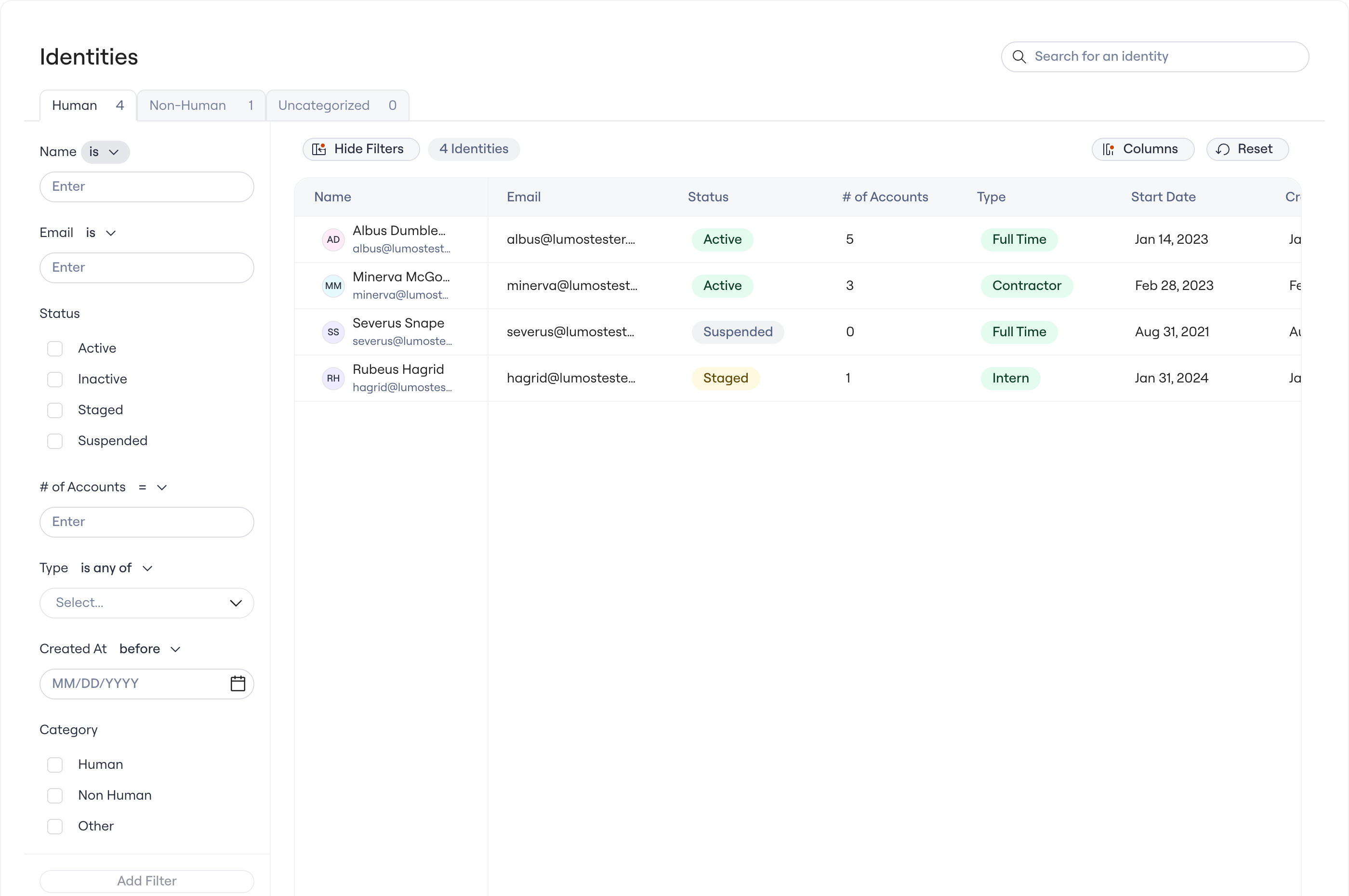 The filter panel, where you can filter identities on standard fields and on synced attributes.