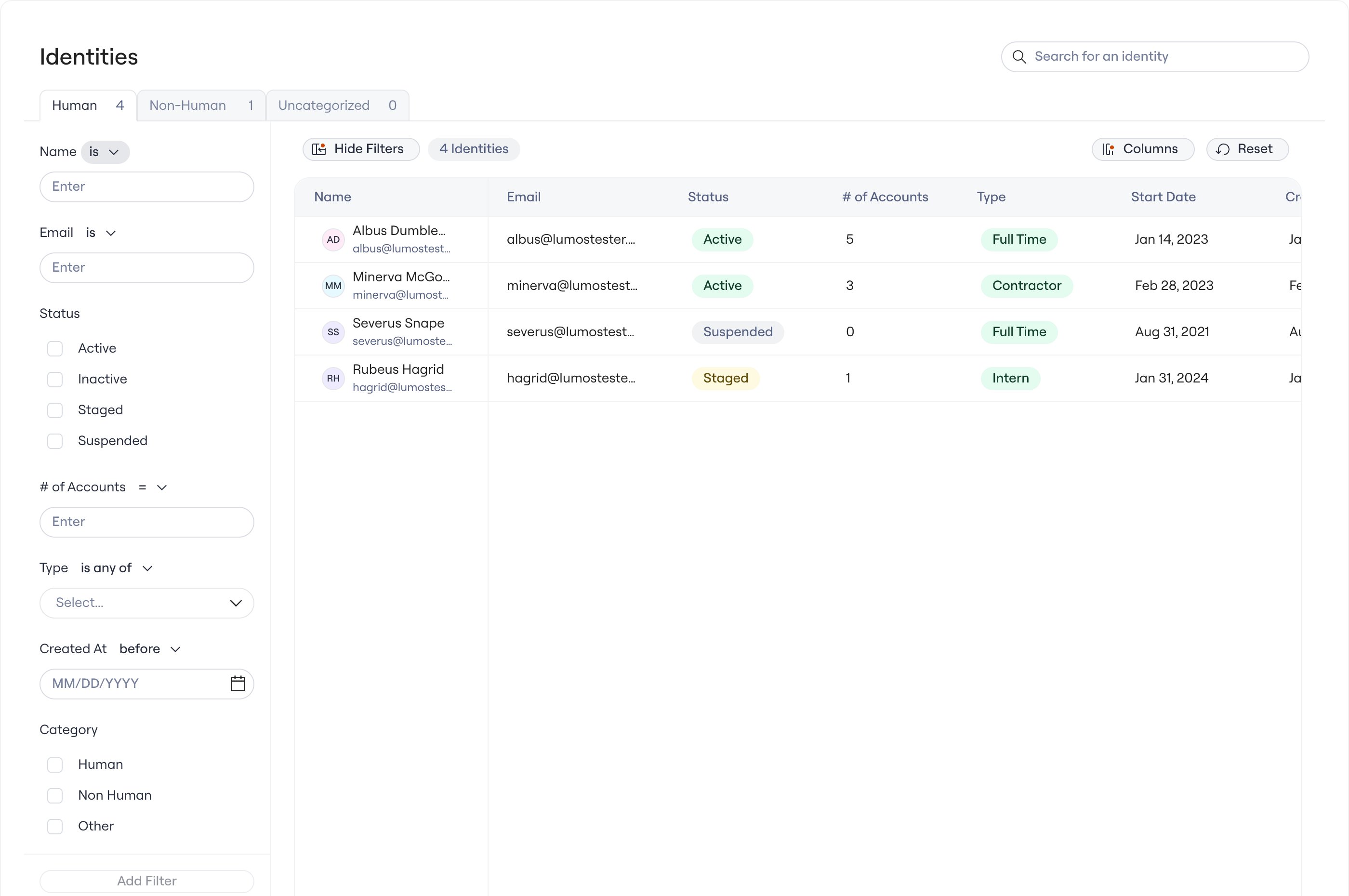 The filter panel, where you can filter identities on standard fields and on synced attributes.