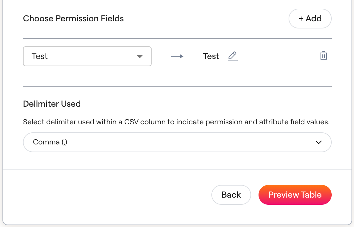 A mapped permission field above the Delimiter Used dropdown