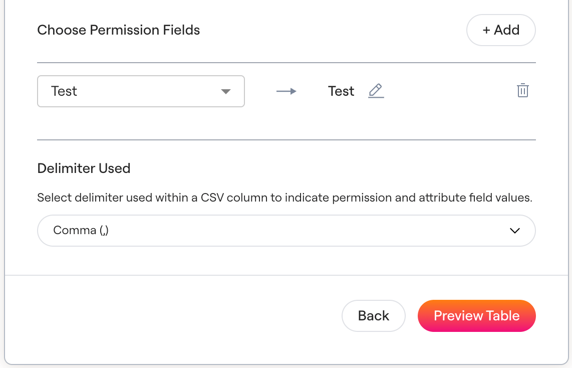 A mapped permission field above the Delimiter Used dropdown