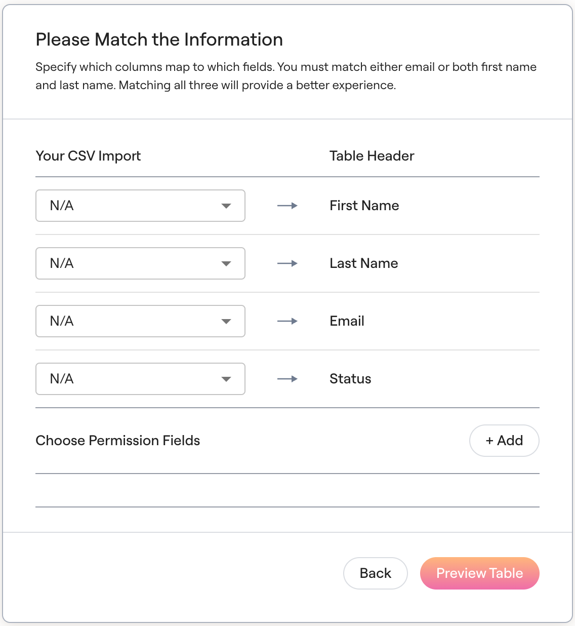 Mapping step that matches CSV columns to First Name, Last Name, Email, and Status