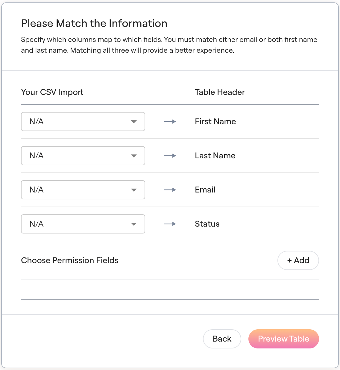 Mapping step that matches CSV columns to First Name, Last Name, Email, and Status