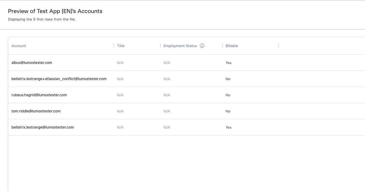 Preview of the app's accounts showing the first rows of the CSV