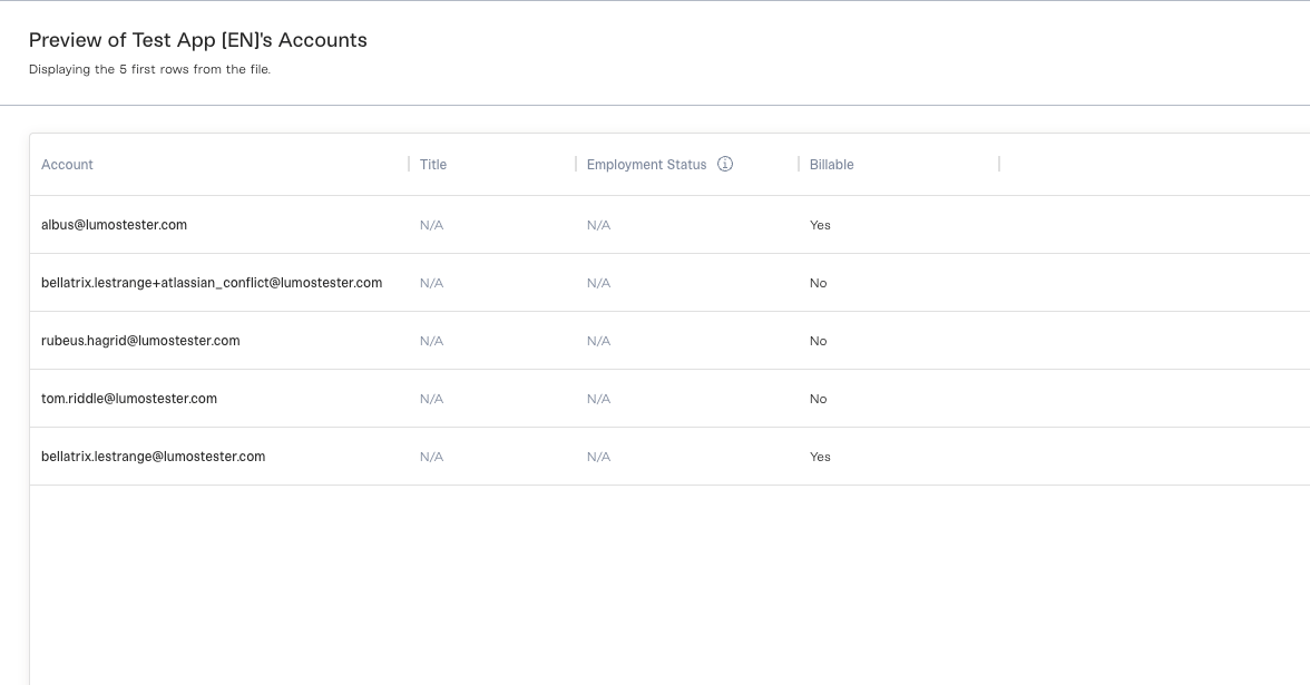 Preview of the app's accounts showing the first rows of the CSV