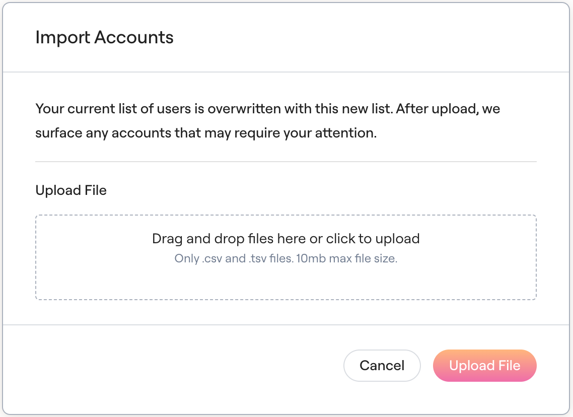 Import Accounts dialog with the Upload File drop zone