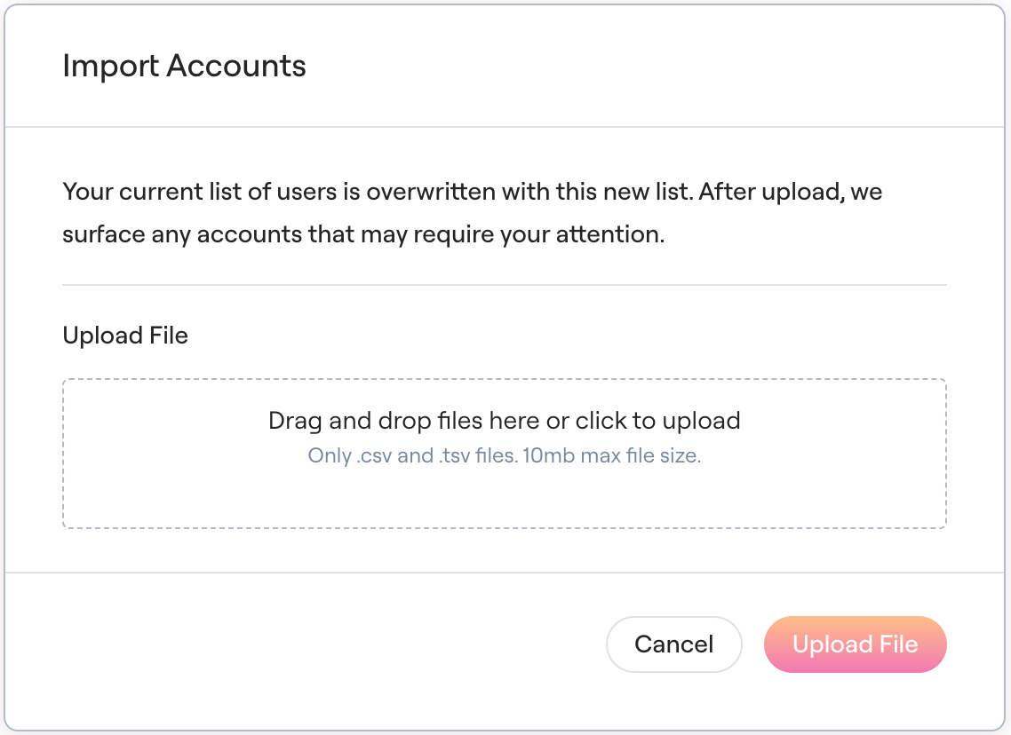 Import Accounts dialog with the Upload File drop zone