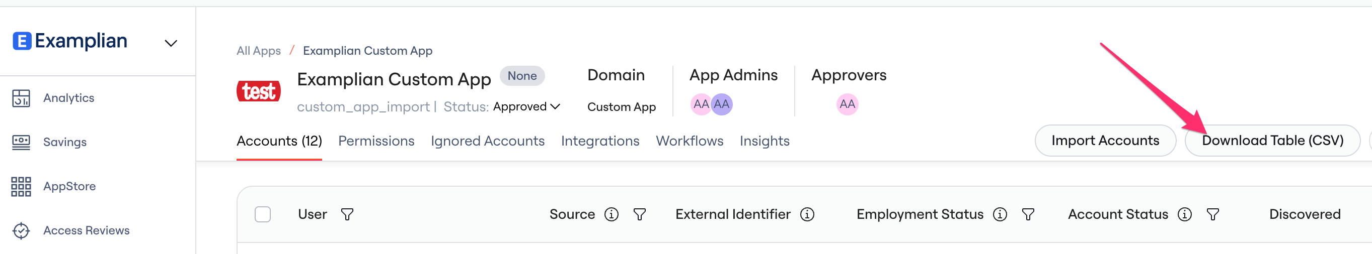 The Download Table (CSV) button next to Import Accounts on an app's Accounts tab