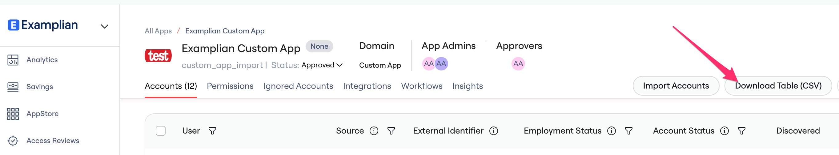 The Download Table (CSV) button next to Import Accounts on an app's Accounts tab
