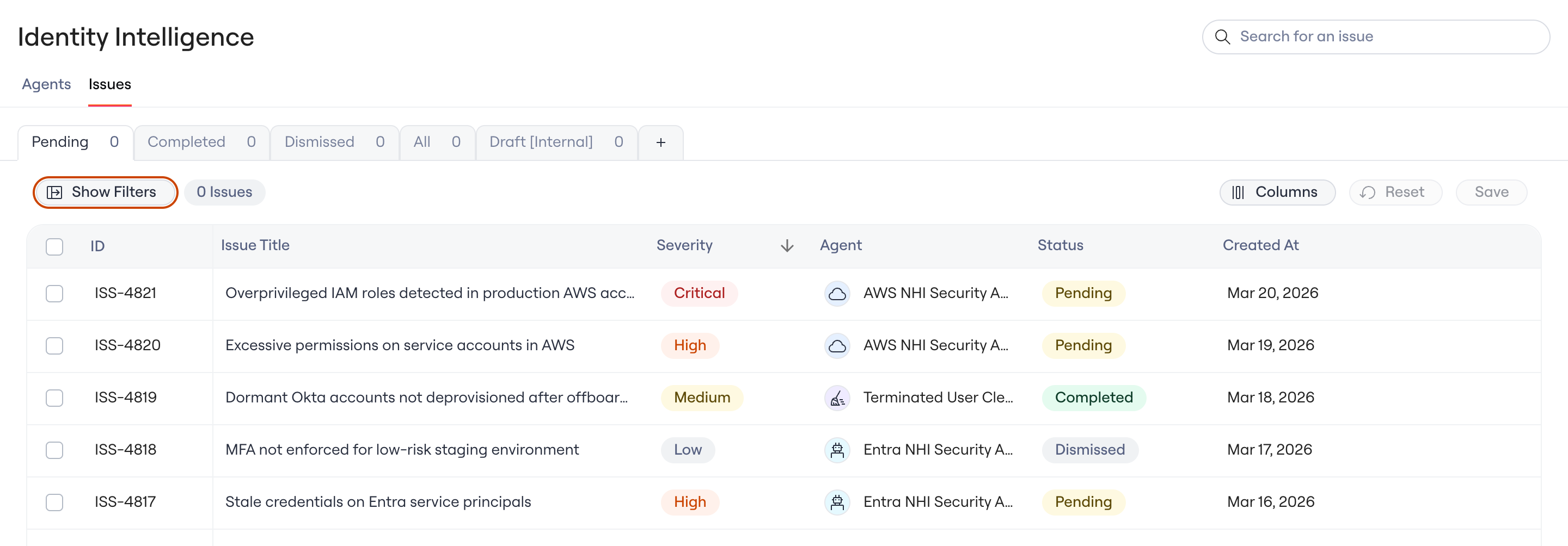 AWS NHI Threat Hunter issues on the Identity Agent Force page