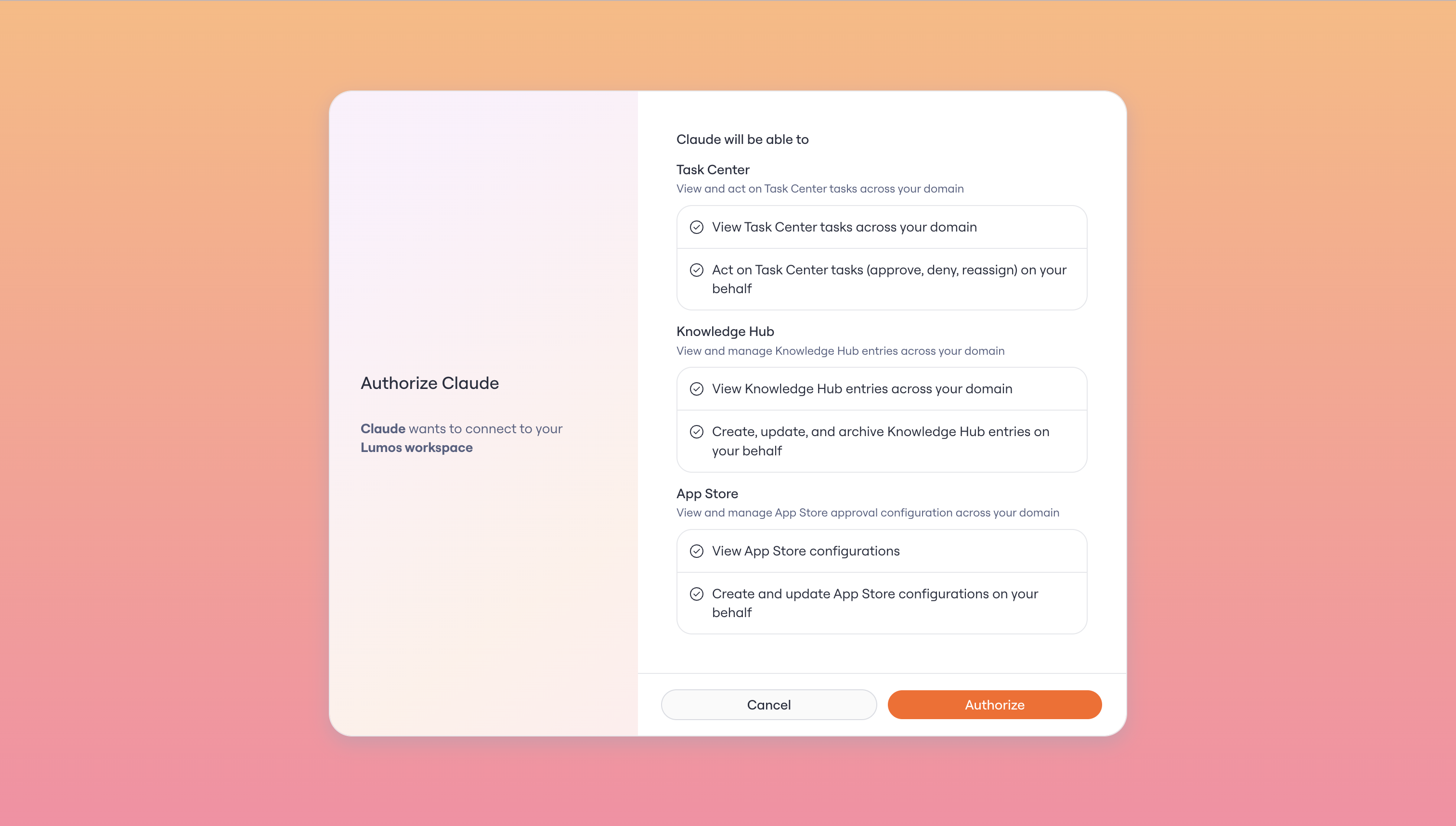 Authorizing the Lumos Admin MCP connection, including read and write access to Knowledge Hub.