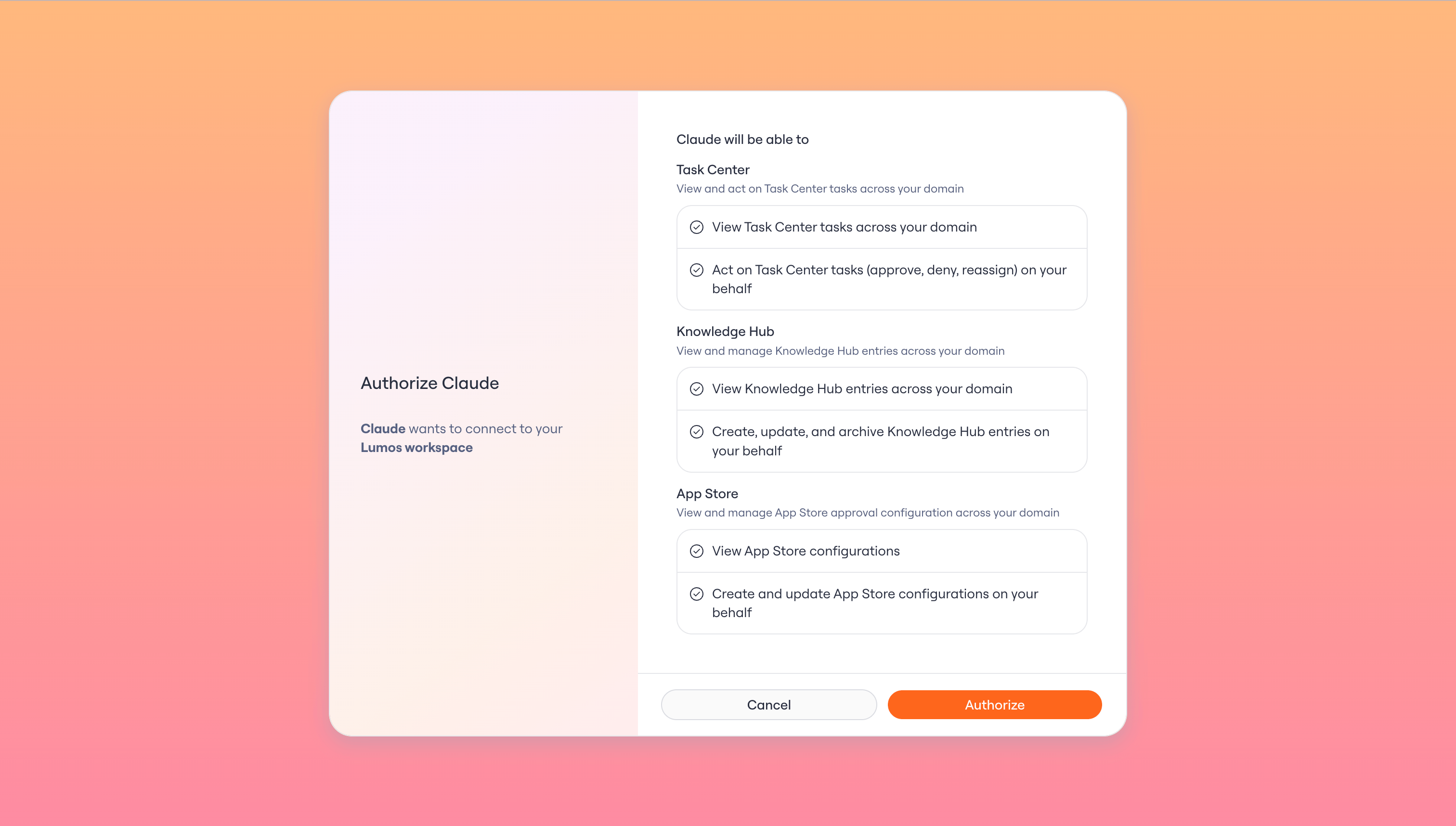 Authorizing the Lumos Admin MCP connection, including read and write access to Knowledge Hub.
