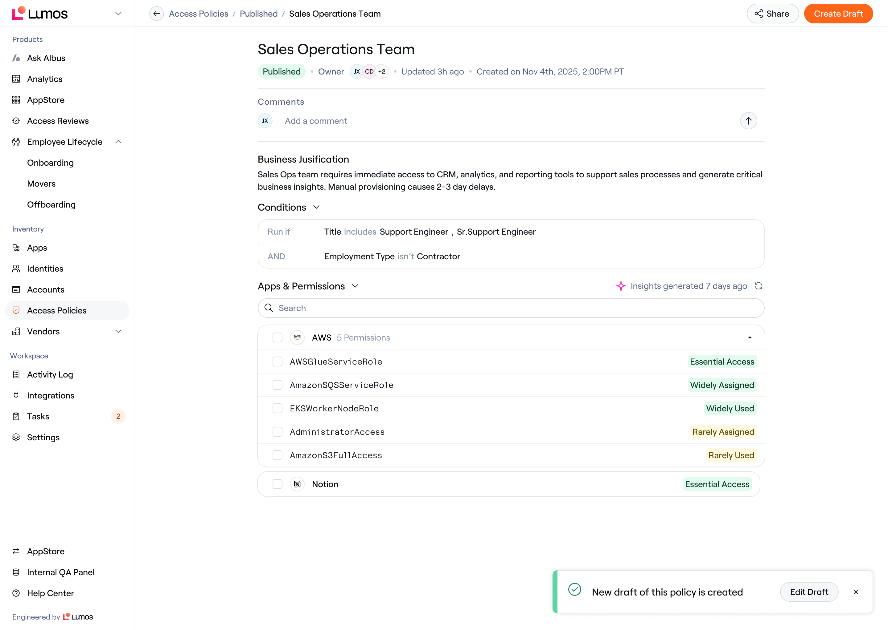 The Create Draft button on a published Access Policy