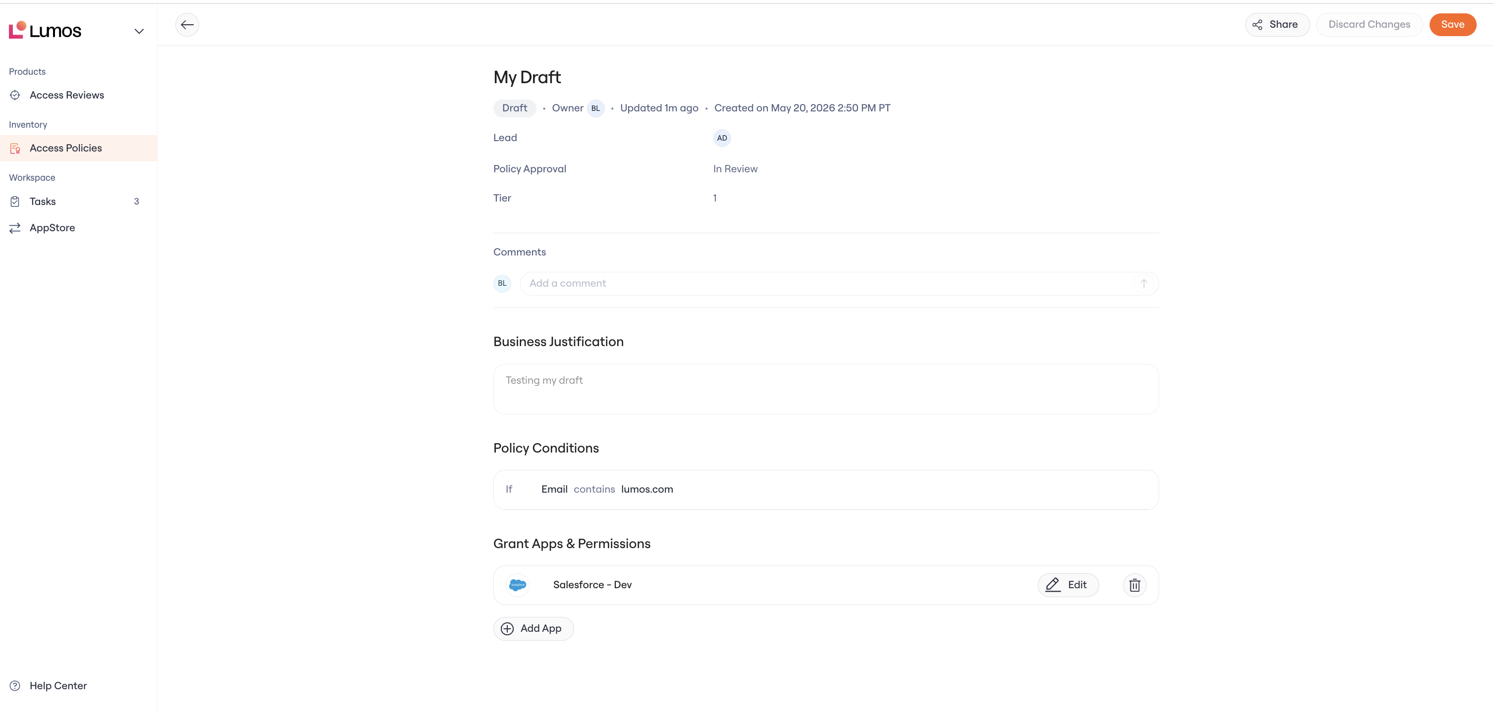 A policy with the approval attribute set to In Review, shown alongside the policy's lead, tier, and comments