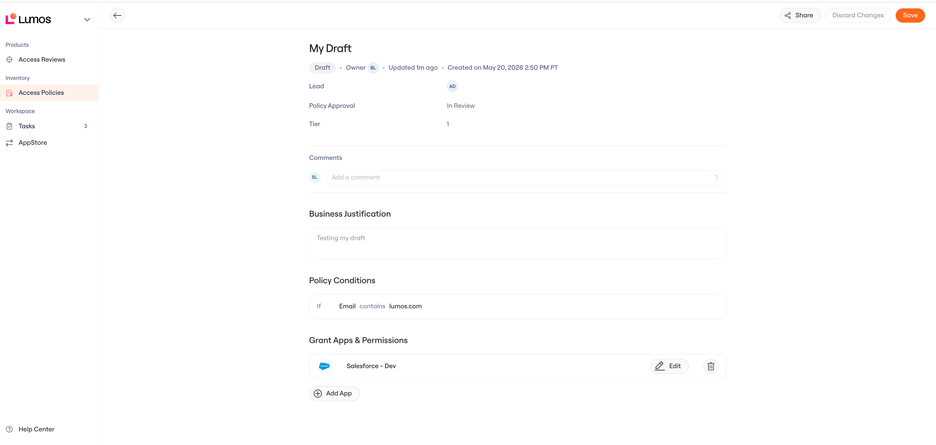 A policy with the approval attribute set to In Review, shown alongside the policy's lead, tier, and comments