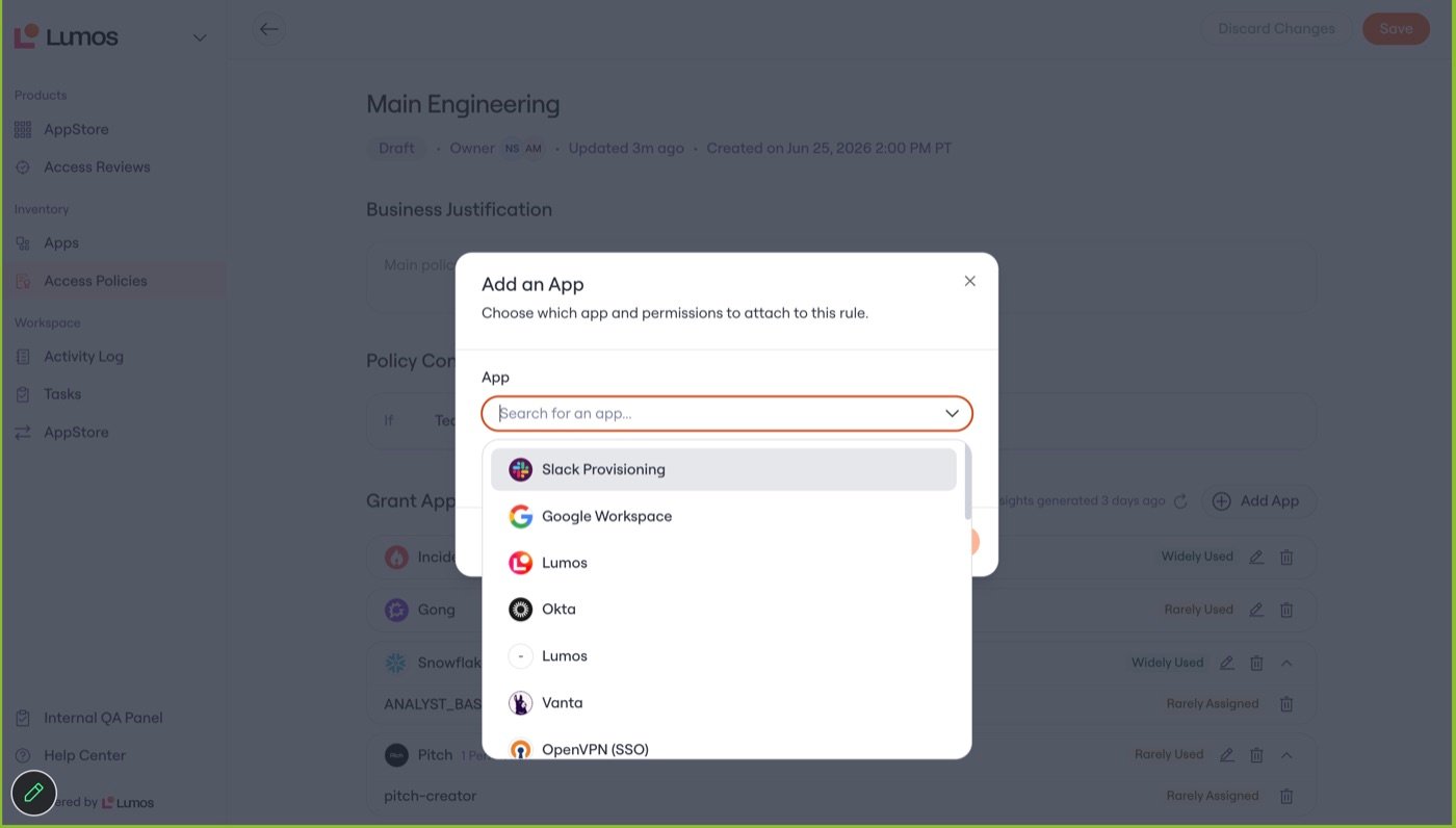 The same Add an App dialog listing the org's apps after the permission was granted