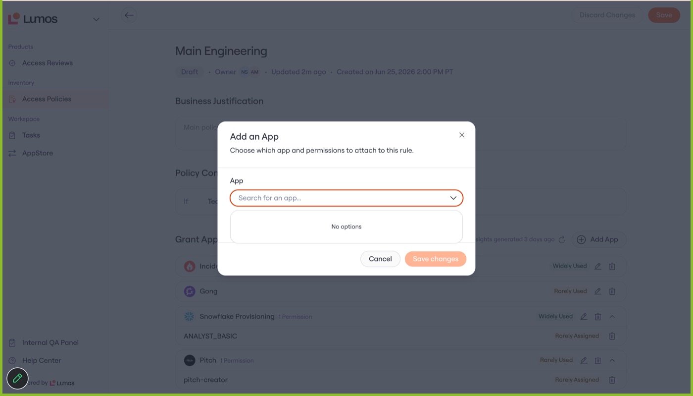 The Add an App dialog showing No options because the owner lacks the app-view permission