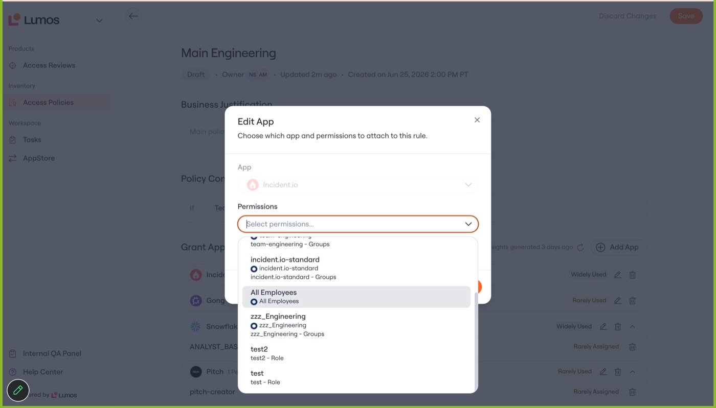 The Edit App dialog: the owner picks from the app's groups and roles
