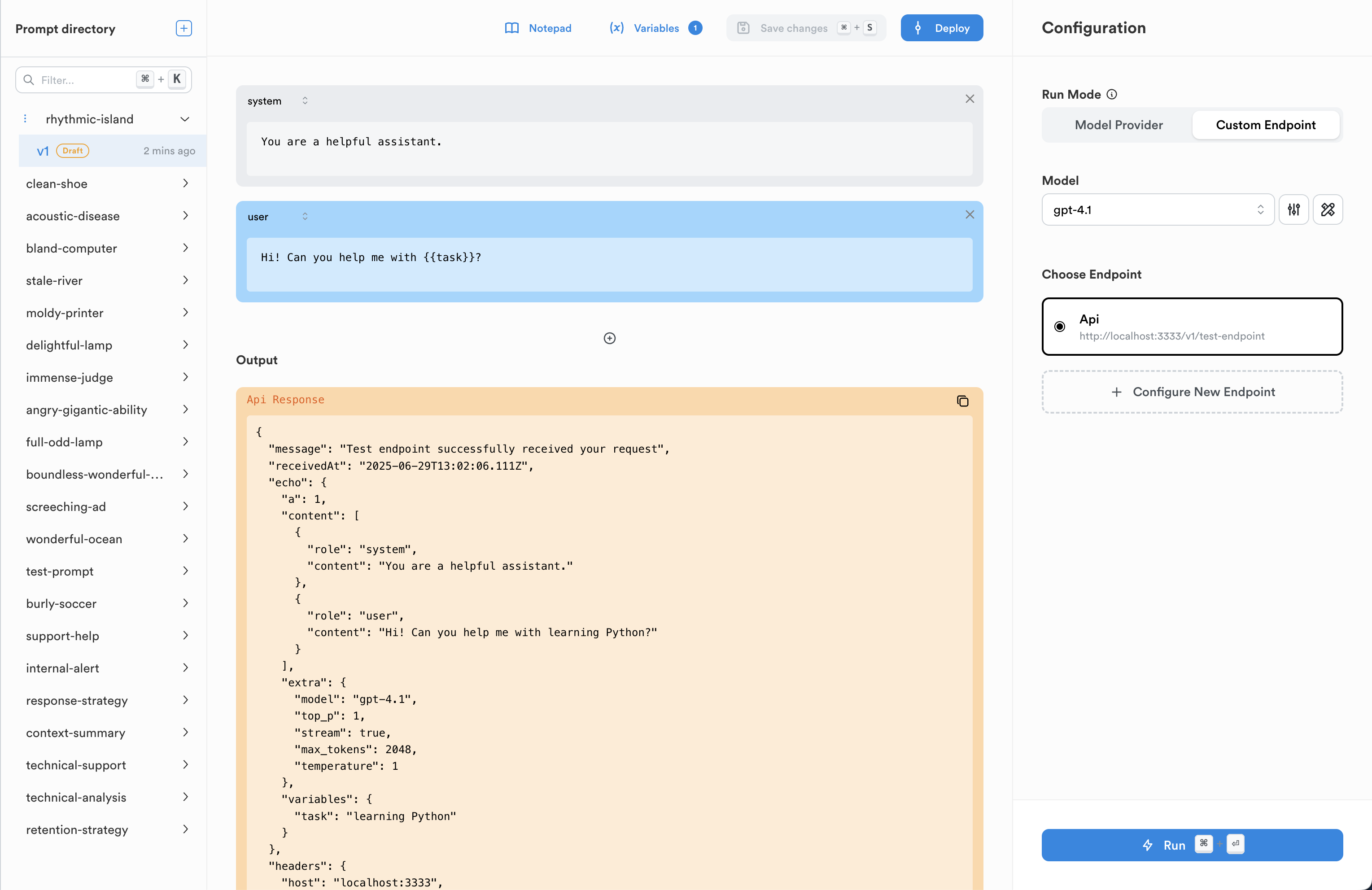 Screenshot: Example request payload