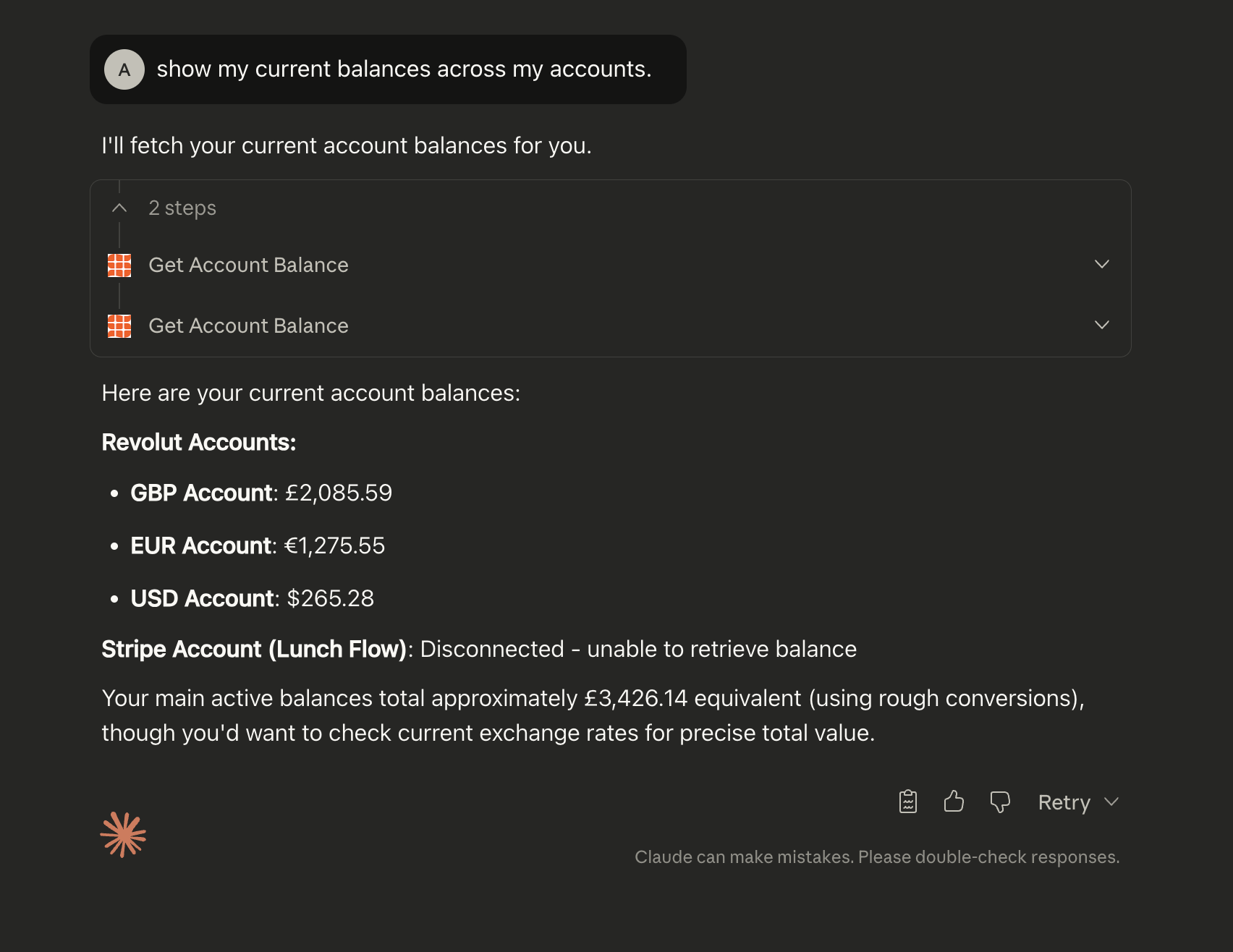 Claude using Lunch Flow MCP to fetch account balances