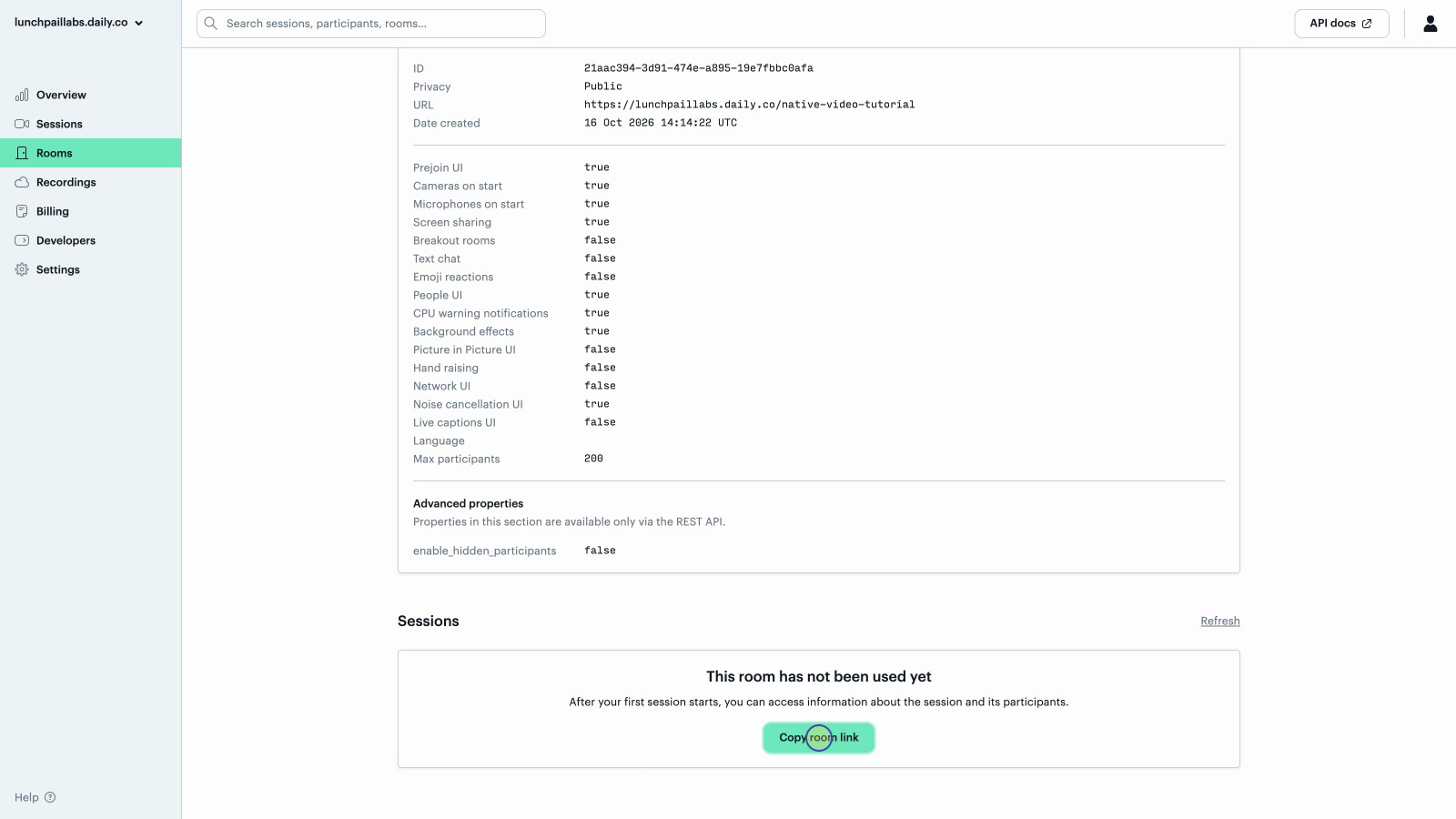 Daily dashboard showing the native-video-tutorial room, Public privacy and its full HTTPS URL