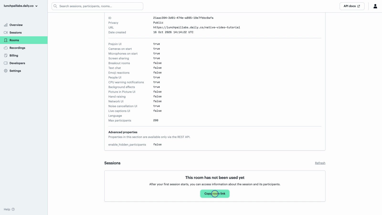 Daily dashboard showing the native-video-tutorial room, Public privacy and its full HTTPS URL