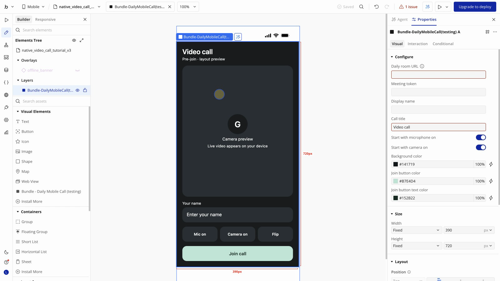 Bubble mobile Design editor with Bundle - Daily Mobile Call selected, a static pre-join screen, and the element properties panel