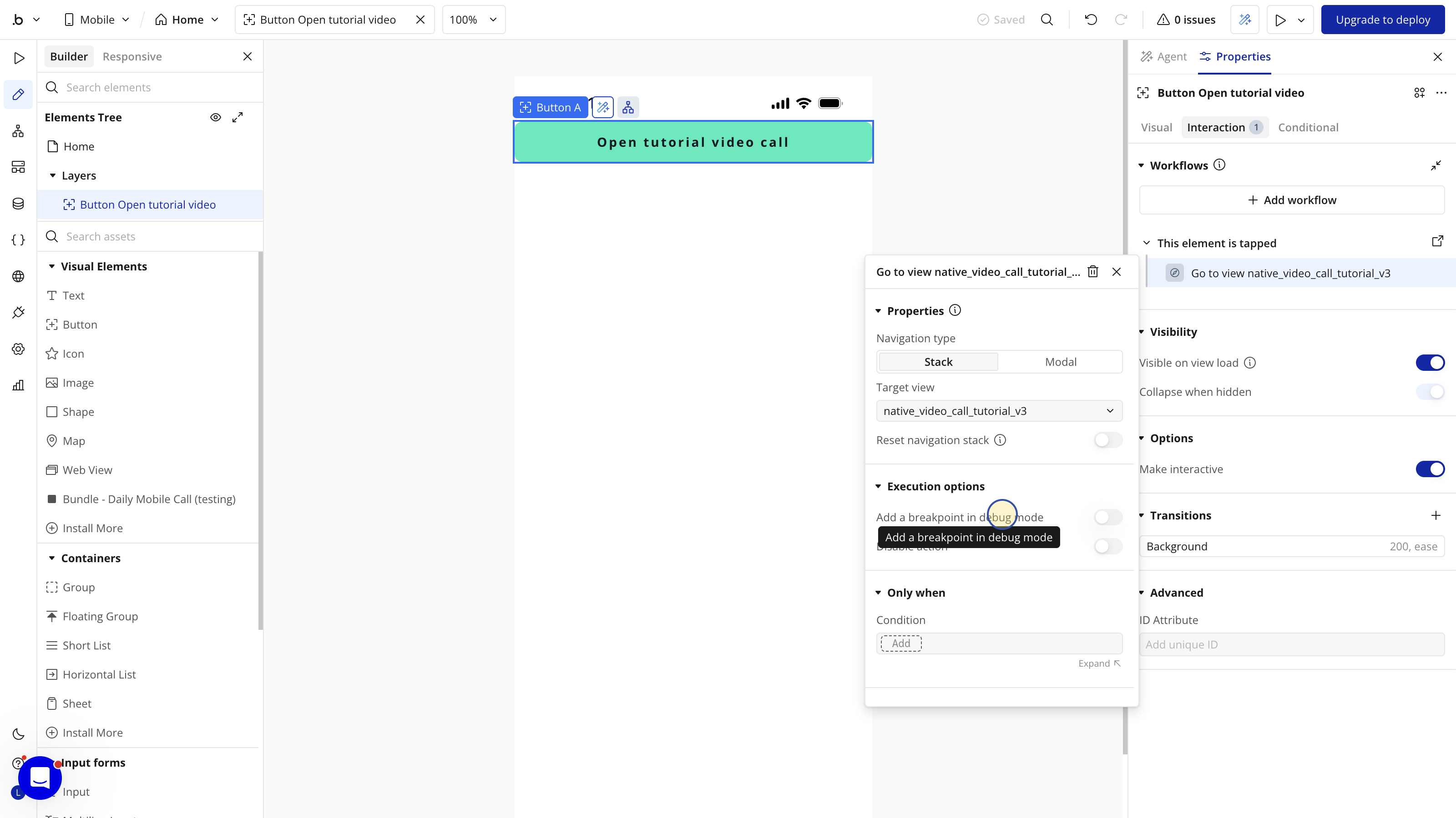 One Open tutorial video call button with a This element is tapped event and Go to view action targeting native_video_call_tutorial_v3