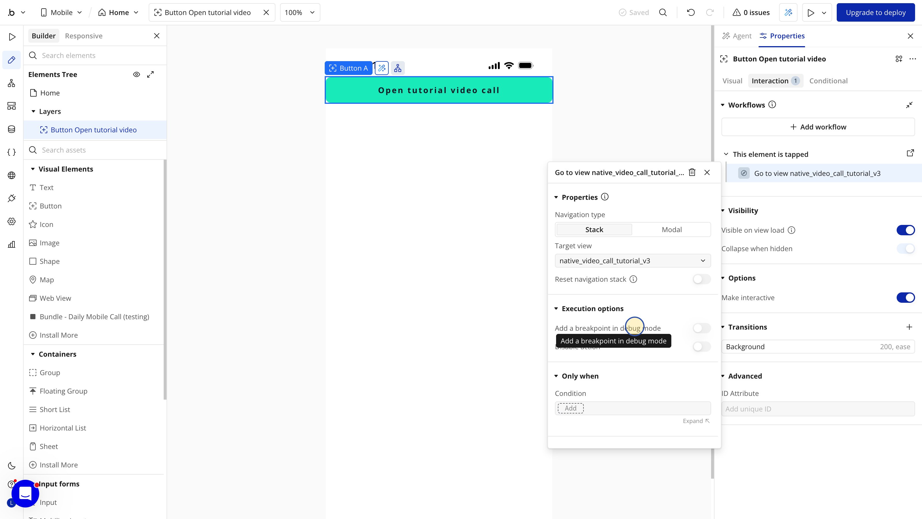 One Open tutorial video call button with a This element is tapped event and Go to view action targeting native_video_call_tutorial_v3